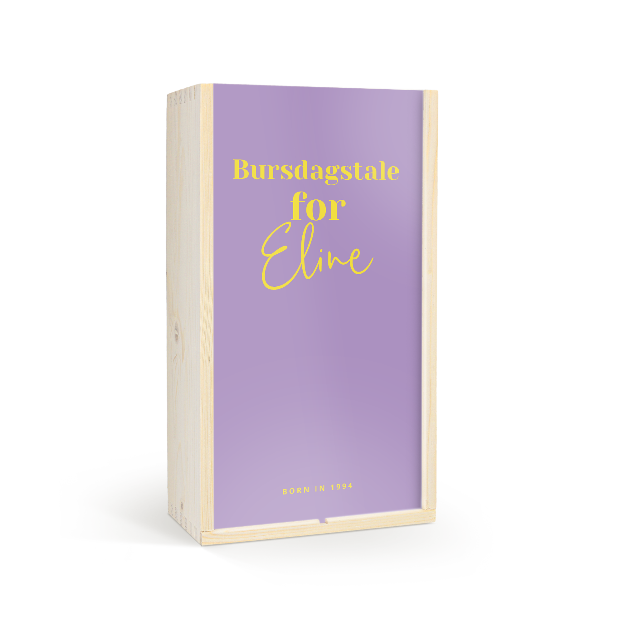 Vinkasse i tre med lilla lokk, trykt med teksten "Bursdagstale for Eline Born in 1994".