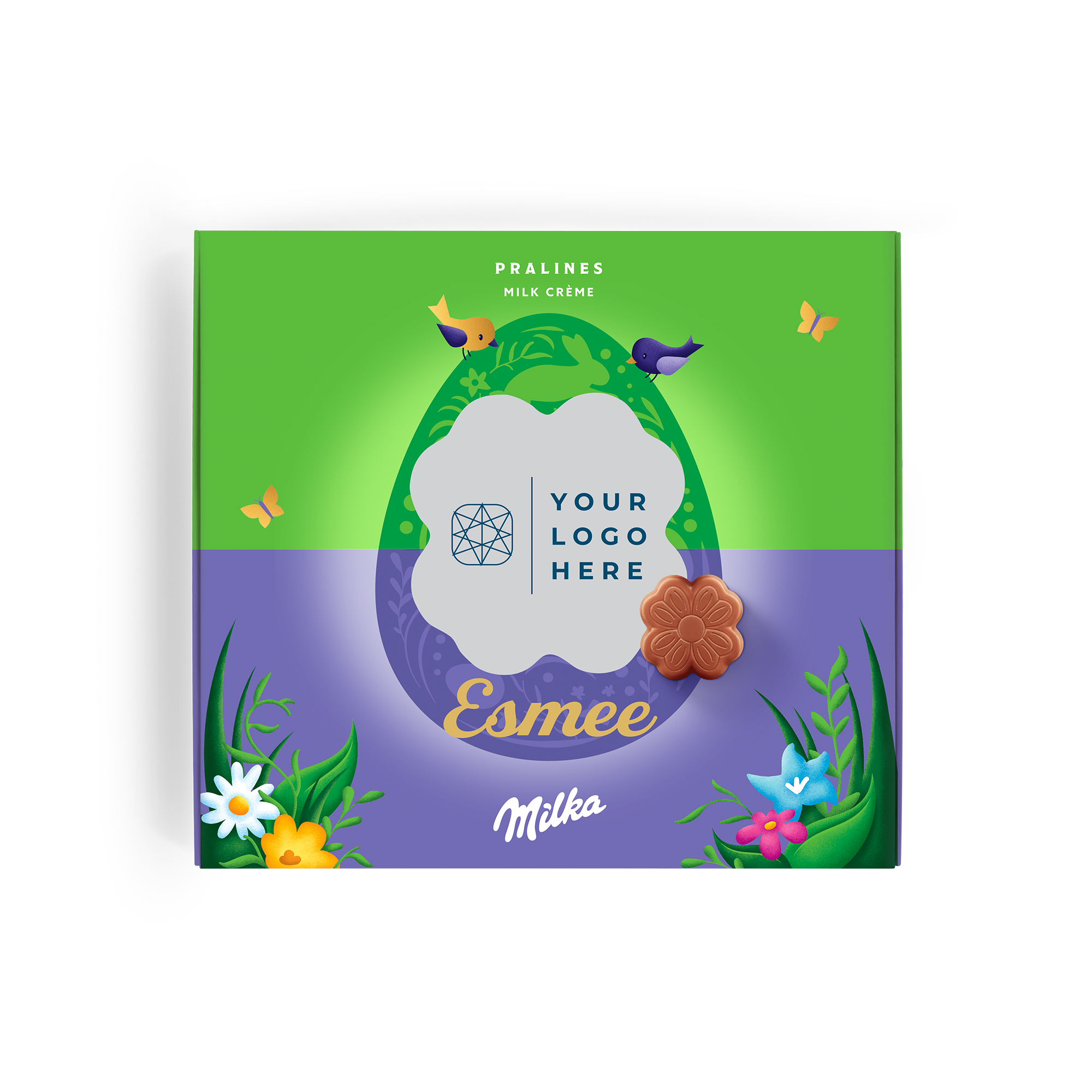 Scatola di cioccolatini Milka personalizzabile per Pasqua con la scritta Esmee e logo your logo here, per fargli sapere che ci tieni