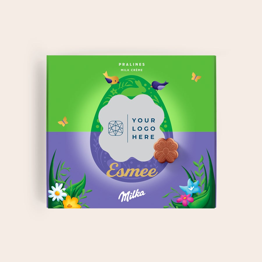 Caja de regalo ¡I love Milka! - Pascua Caja de regalo personalizada Dilo con Milka con diseño de Pascua, pralinés de leche y nombre Esmee impreso.