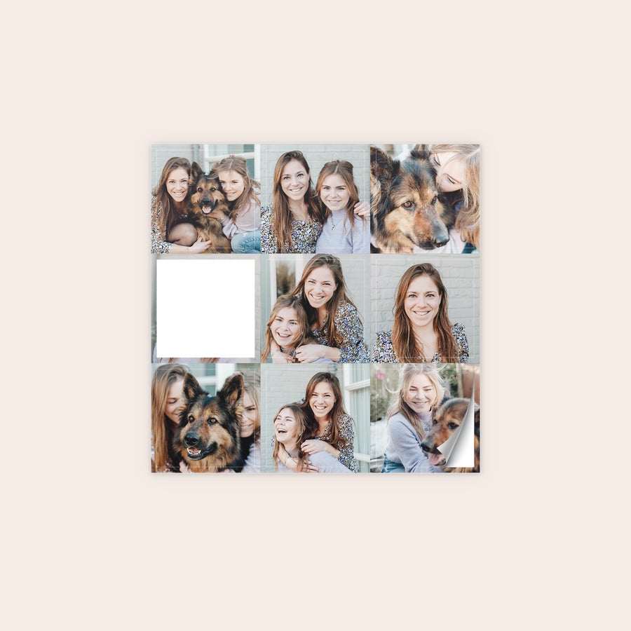 Autocolantes para fotografias Autocolantes personalizados impressos com várias fotos de pessoas e um cão, para surpreender com design
