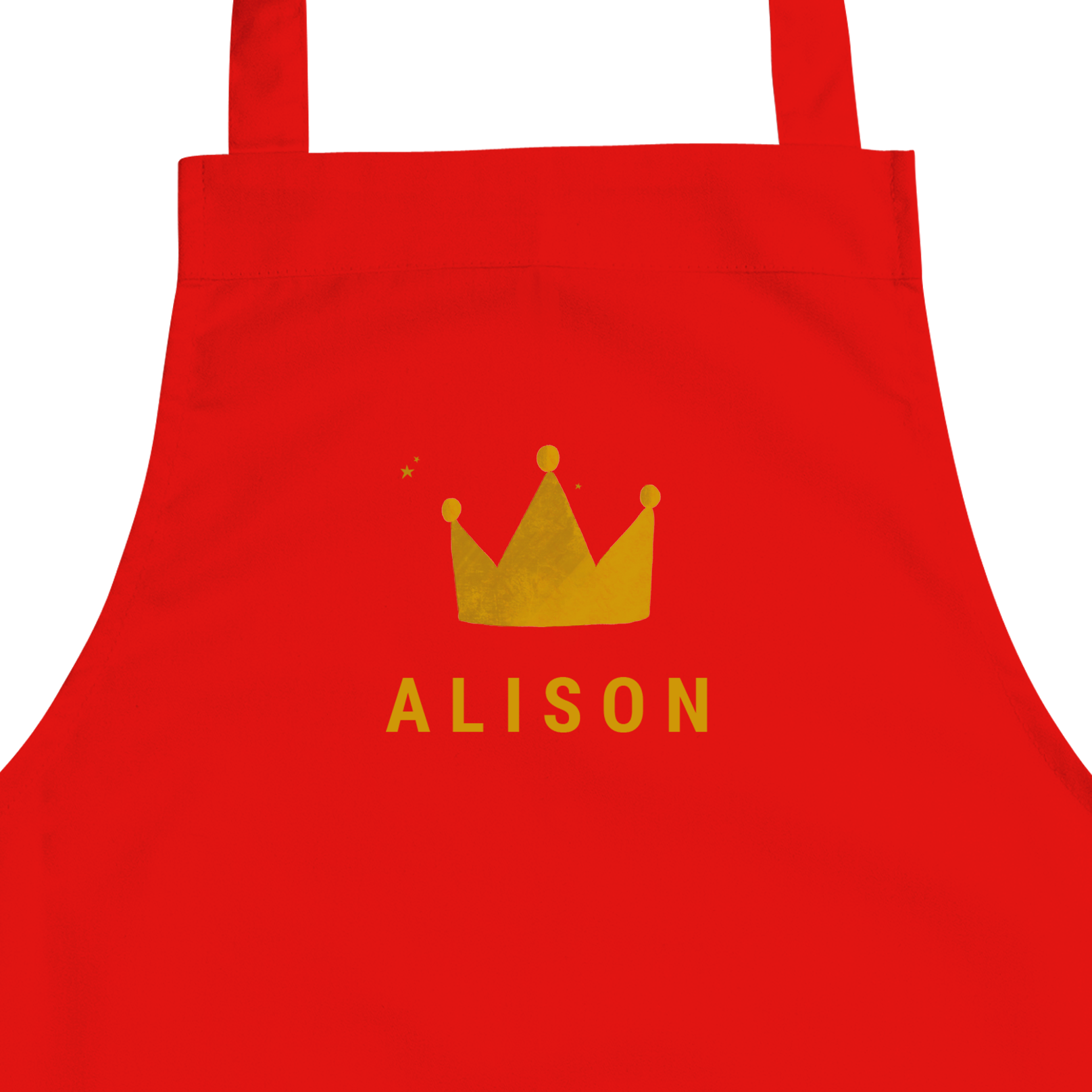 Tablier rouge pour enfant personnalisé avec une couronne dorée et le prénom Alison imprimés