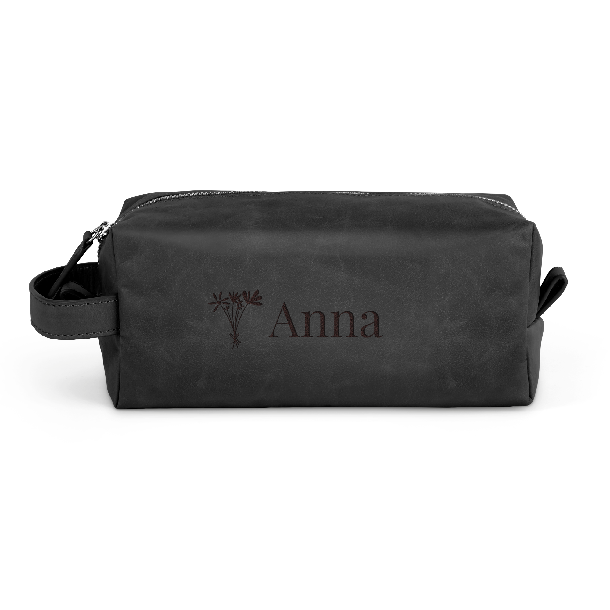 Kulturbeutel personalisiert mit Name - Leder, graviert mit floralem Motiv und dem Namen Anna, ein praktisches Geschenk zum Selbstgestalten.
