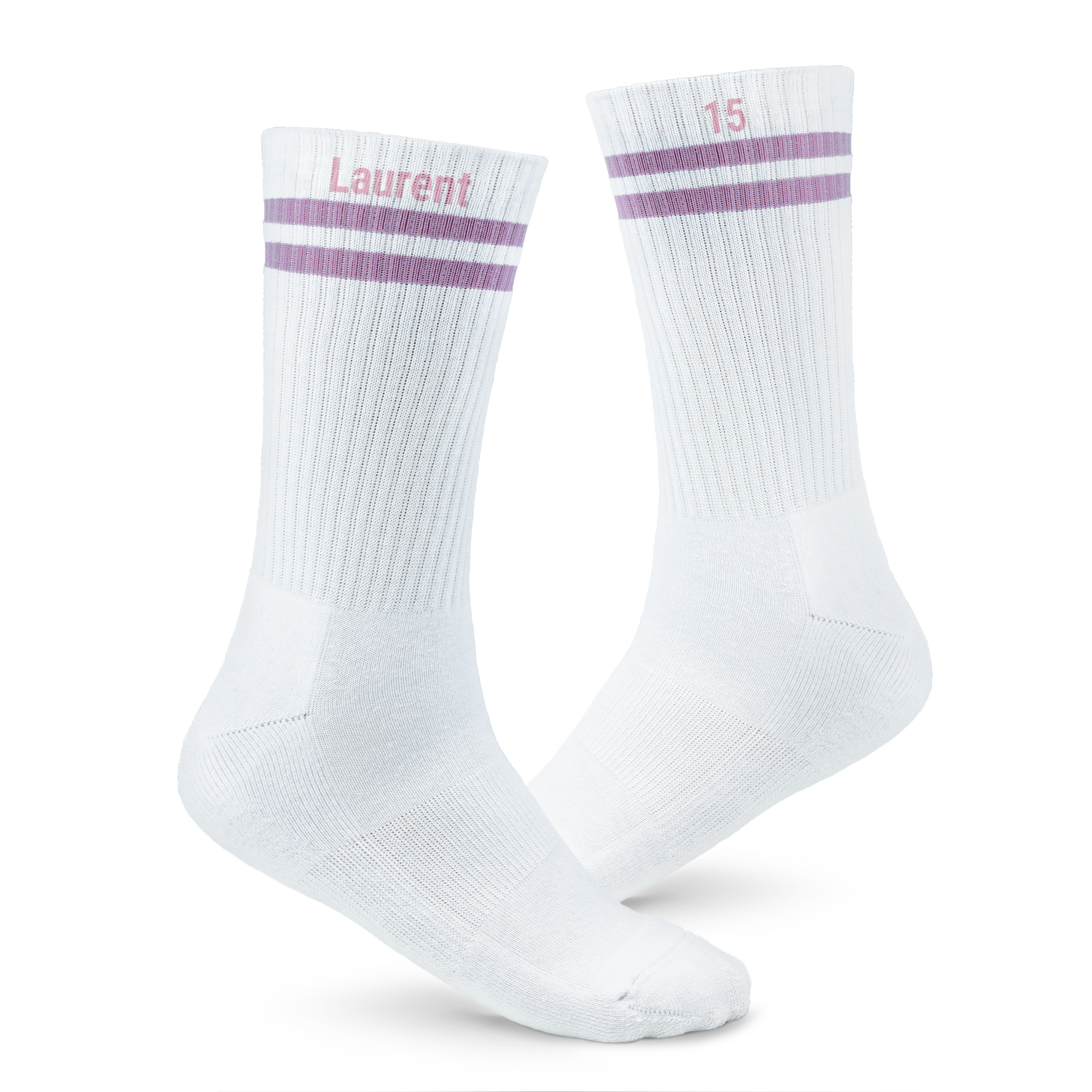 Paire de chaussettes de sport blanches personnalisées, imprimées avec le prénom Laurent et le numéro 15 en lilas