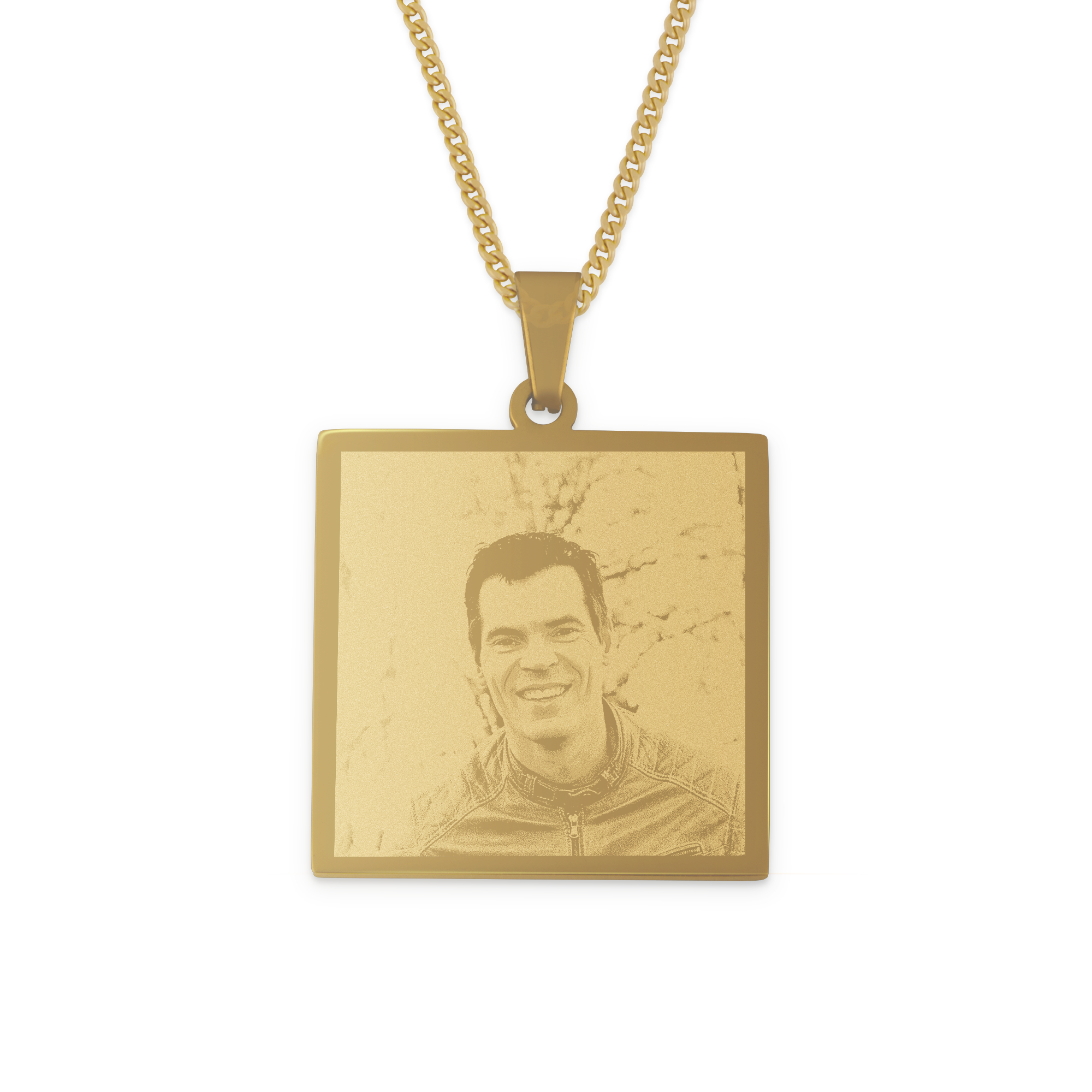 Ciondolo personalizzato color oro con catenina, inciso con la foto di un uomo sorridente