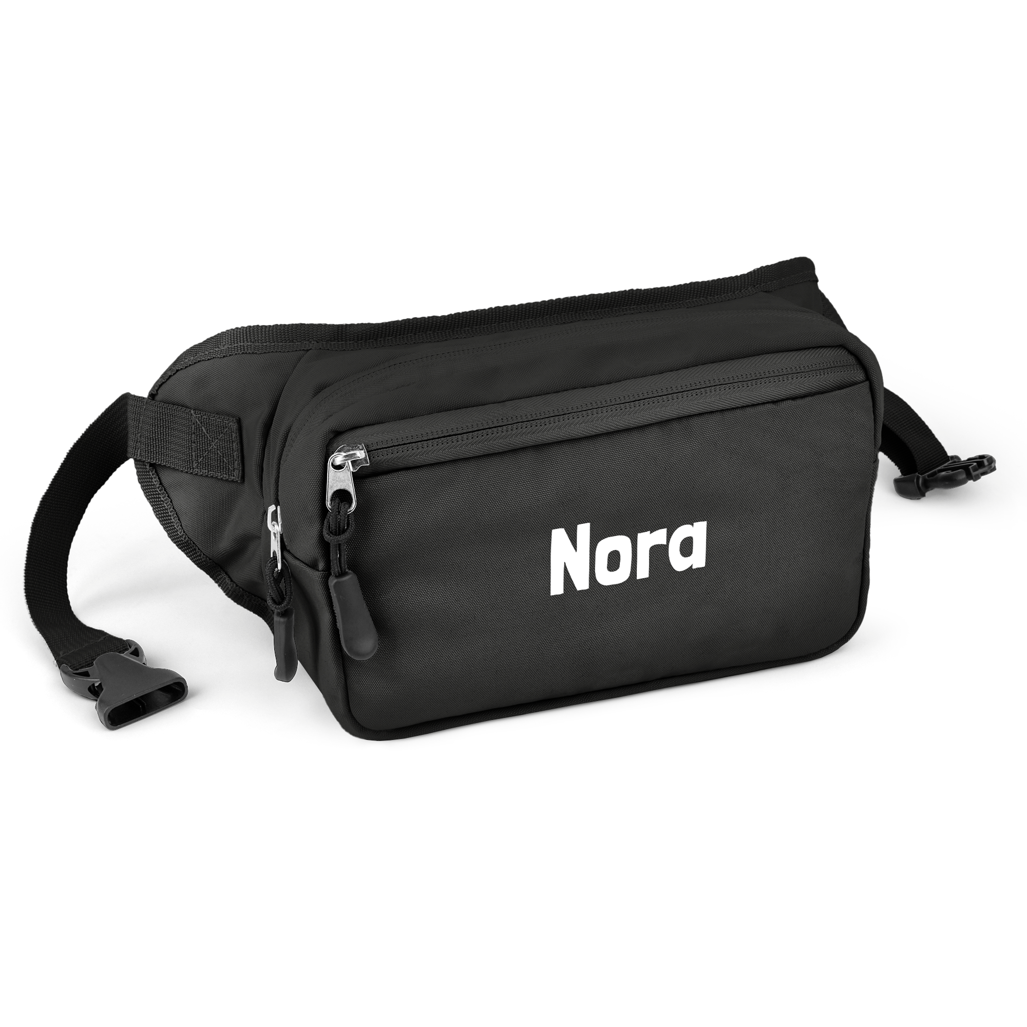 Personlig svart rumpetaske med glidelås, trykket med navnet "Nora" i hvite bokstaver.