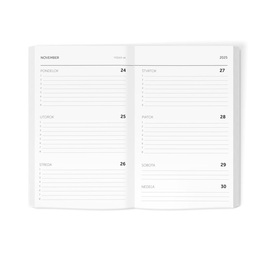 Školský diár 2025-2026 Rozložený osobný školský denník 2025 na týždeň 48, mesiac november, s bielymi prázdnymi riadkami na písanie