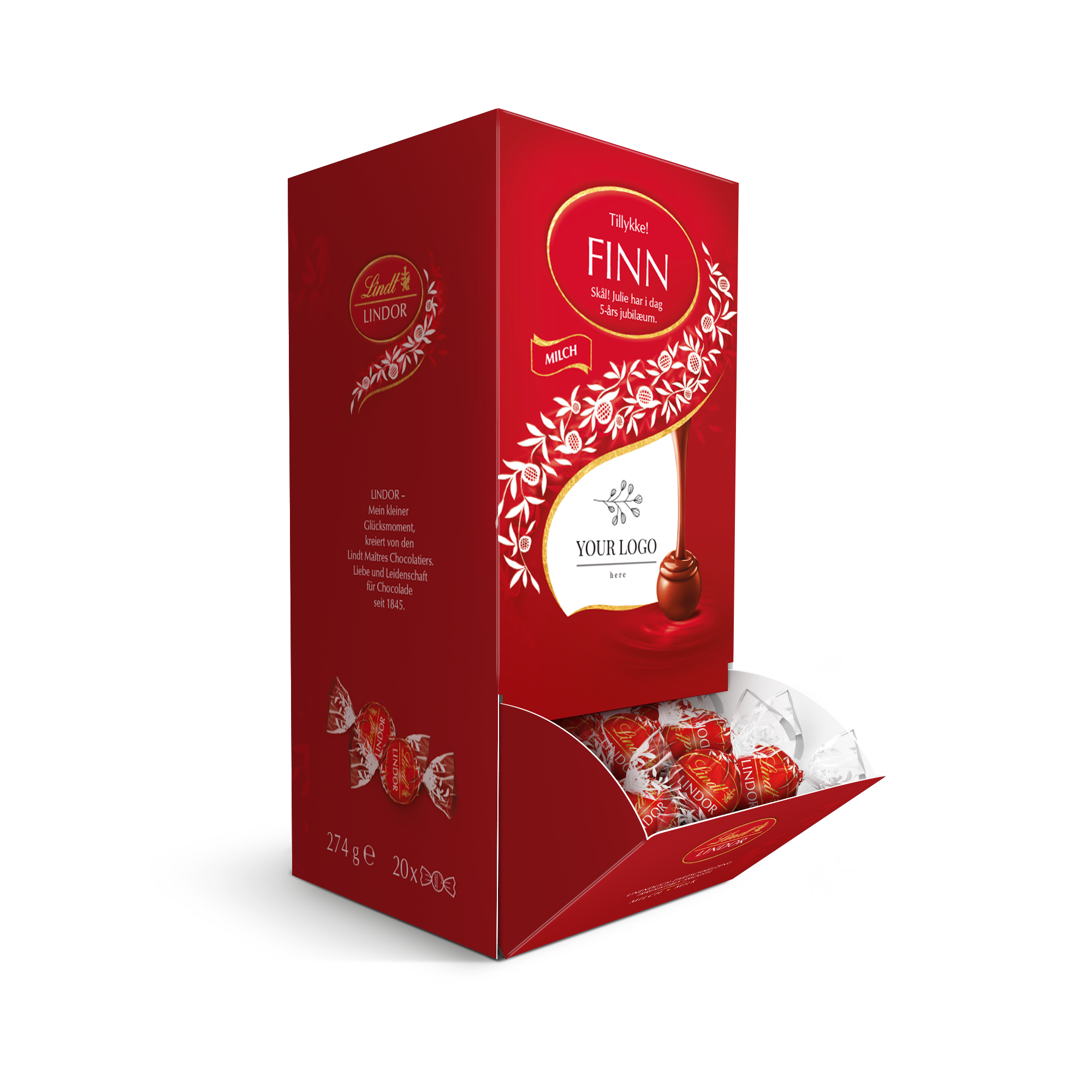 Rød Lindt chokolade gaveæske med personliggjort navn og hilsen samt et billede trykt på fronten.