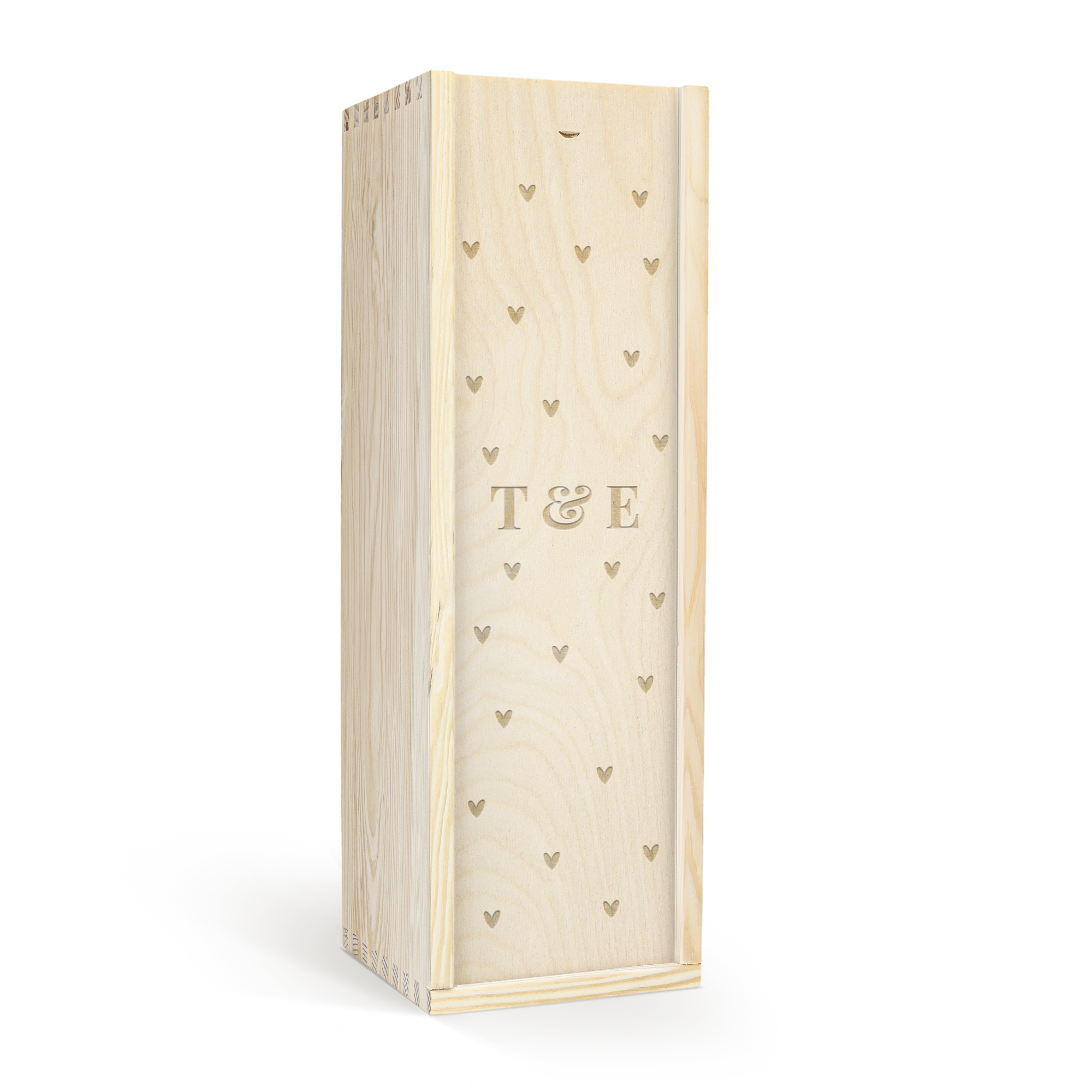 Caja de vino de madera personalizada, grabada con corazones y las iniciales T&E.