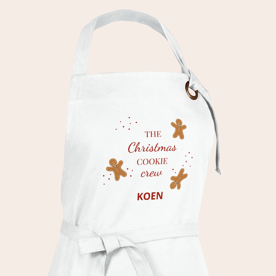 Schort met foto Wit persoonlijk schort bedrukt met "The Christmas Cookie Crew" en de naam KOEN, om de sterren van de hemel te koken.