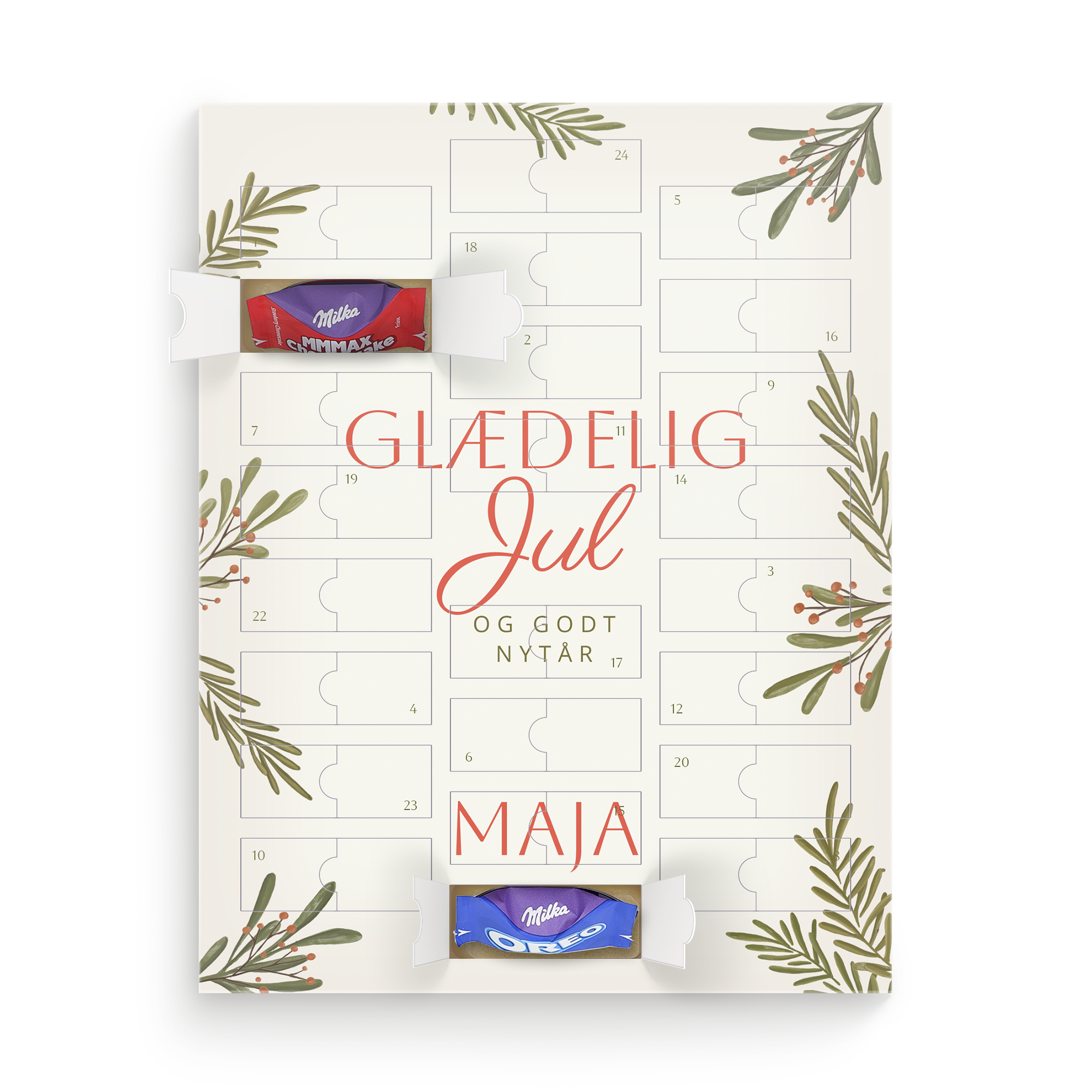 Chokoladejulekalender – Milka Favourites med personlig hilsen “Glædelig Jul og Godt Nytår” og navn “Maja” trykt på forsiden. Indeholder Milka chokolade i hvert felt.