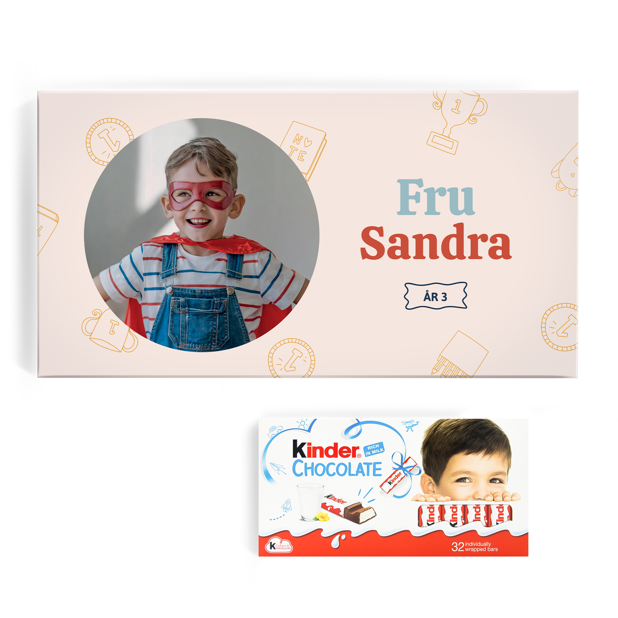 Personlig snällare choklad 32 barer med valfri bild och texten Fru Sandra ÅR 3.