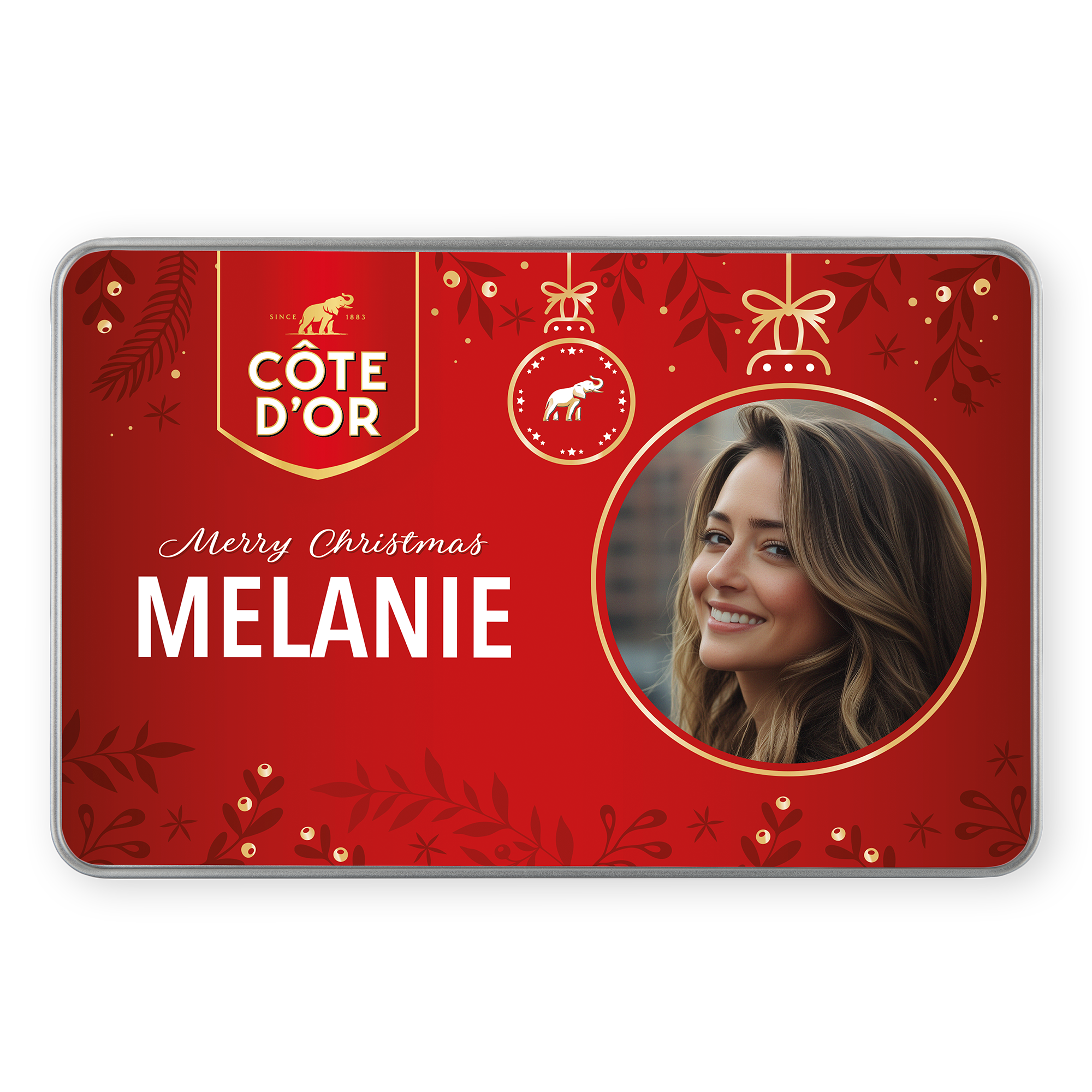 Boîte cadeau vintage personnalisée - avec Chocolats Côte d'Or rouge pour Noël, imprimée d'une photo et du prénom Mélanie