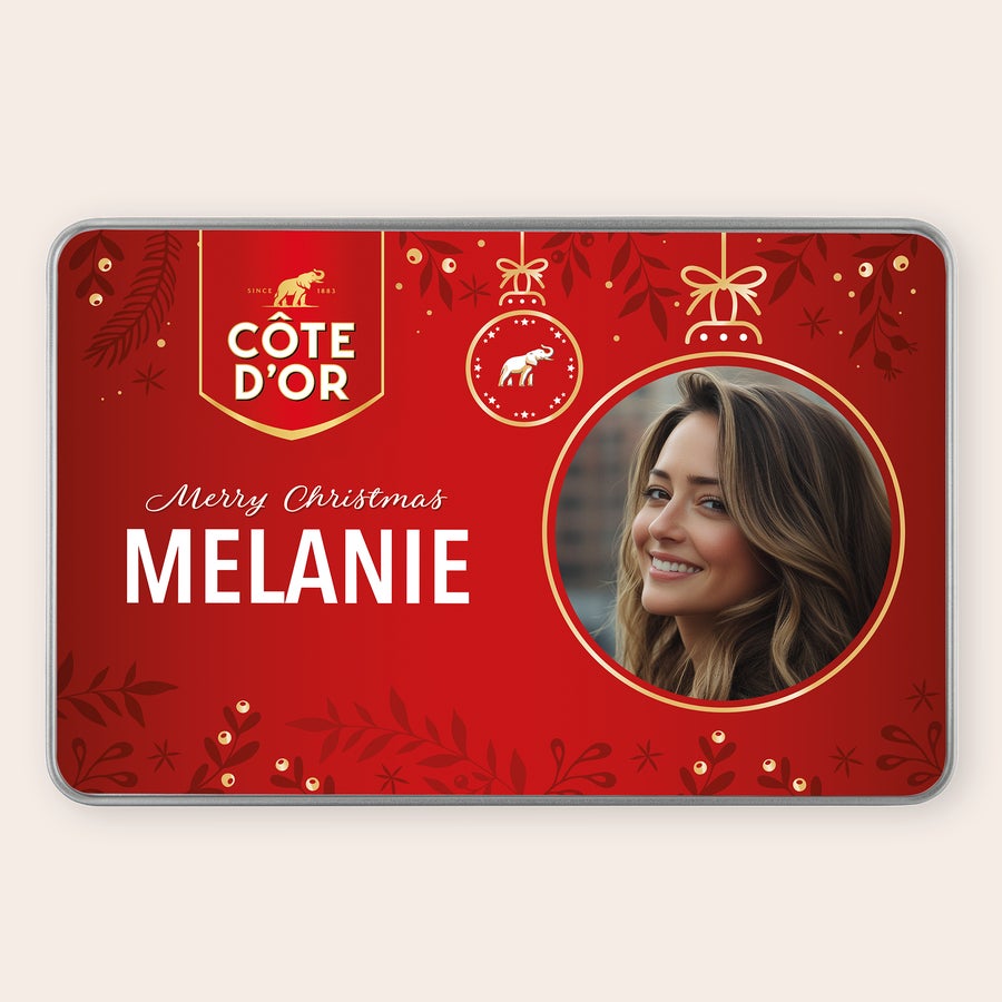 Boîte de chocolats - Côte d'Or Boîte cadeau vintage personnalisée - avec Chocolats Côte d'Or rouge pour Noël, imprimée d'une photo et du prénom Mélanie