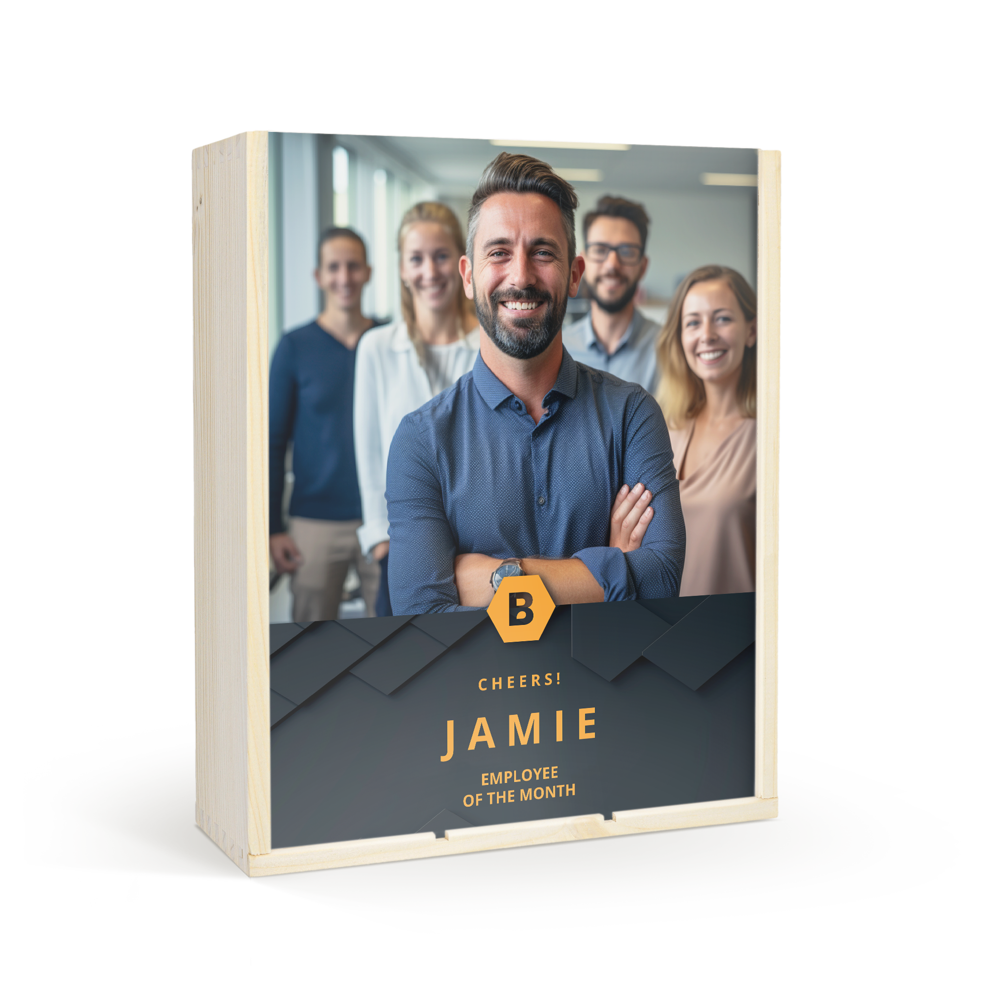 Estuche de madera de lujo con impresión personalizada de una foto y el texto "Jamie Employee of the Month"