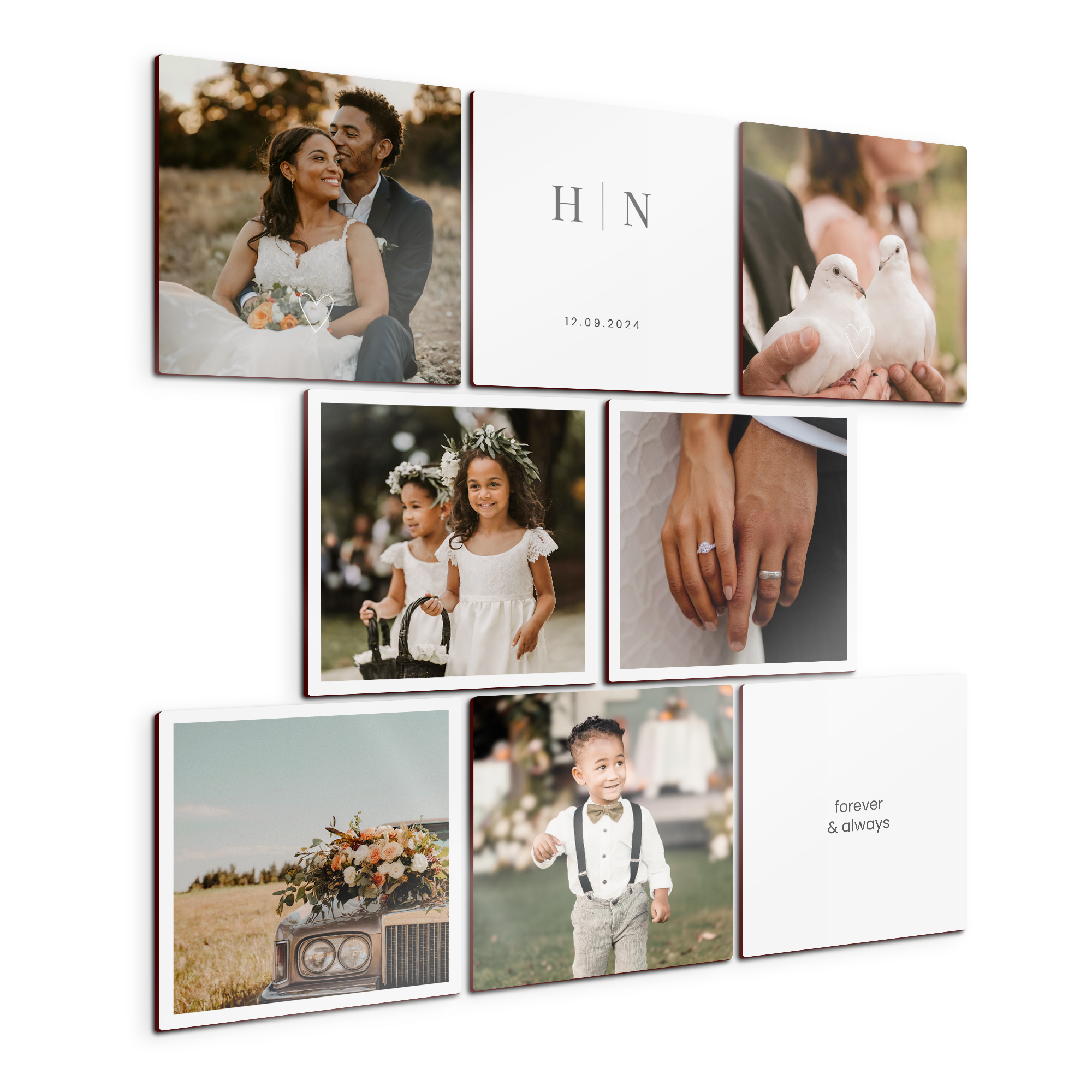 Paneles de arte de madera con fotos impresas de una boda, un niño y un coche antiguo, junto con diseños personalizados.