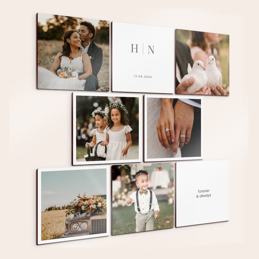 Personalised wall art panels Wooden wall art panels printed with personalized wedding photos, initials, and special dates