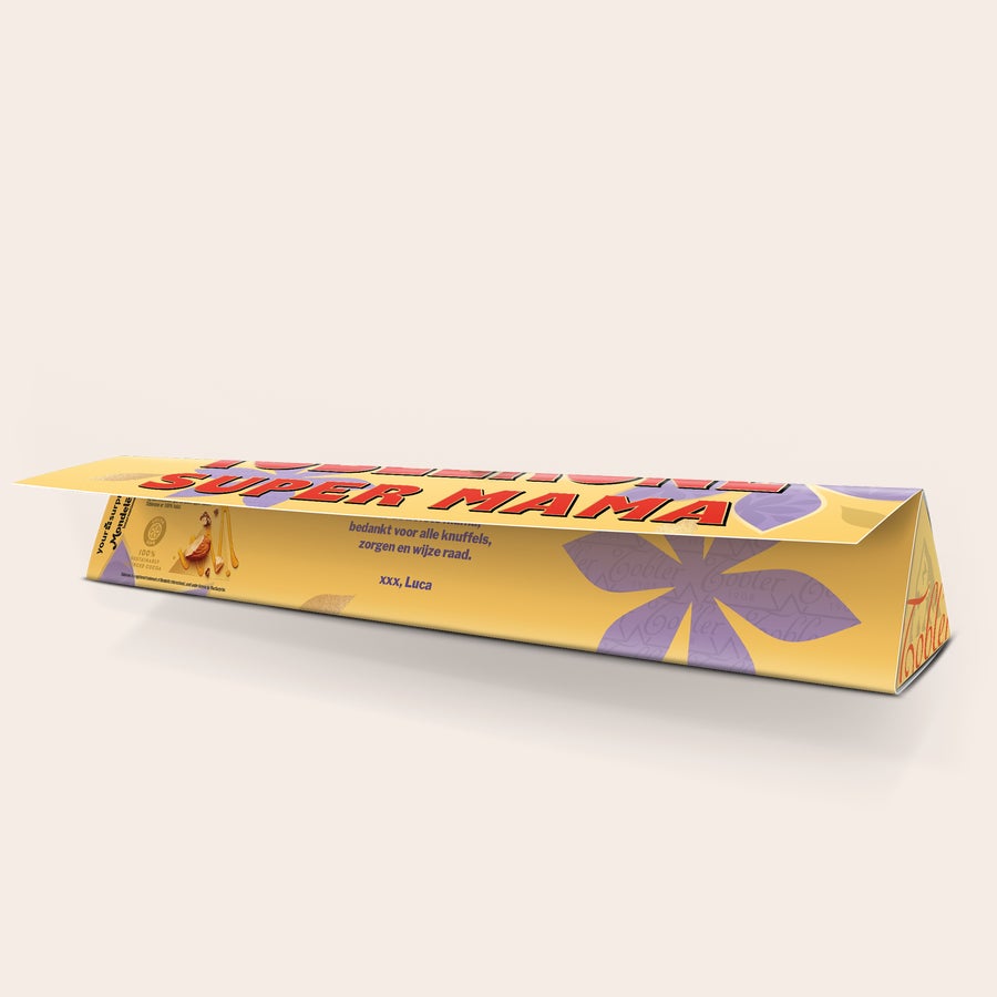 Toblerone Moederdag met naam Gepersonaliseerde Toblerone chocoladereep voor mama met "Super Mama" en bedanktekst, gedrukt op de wikkel.