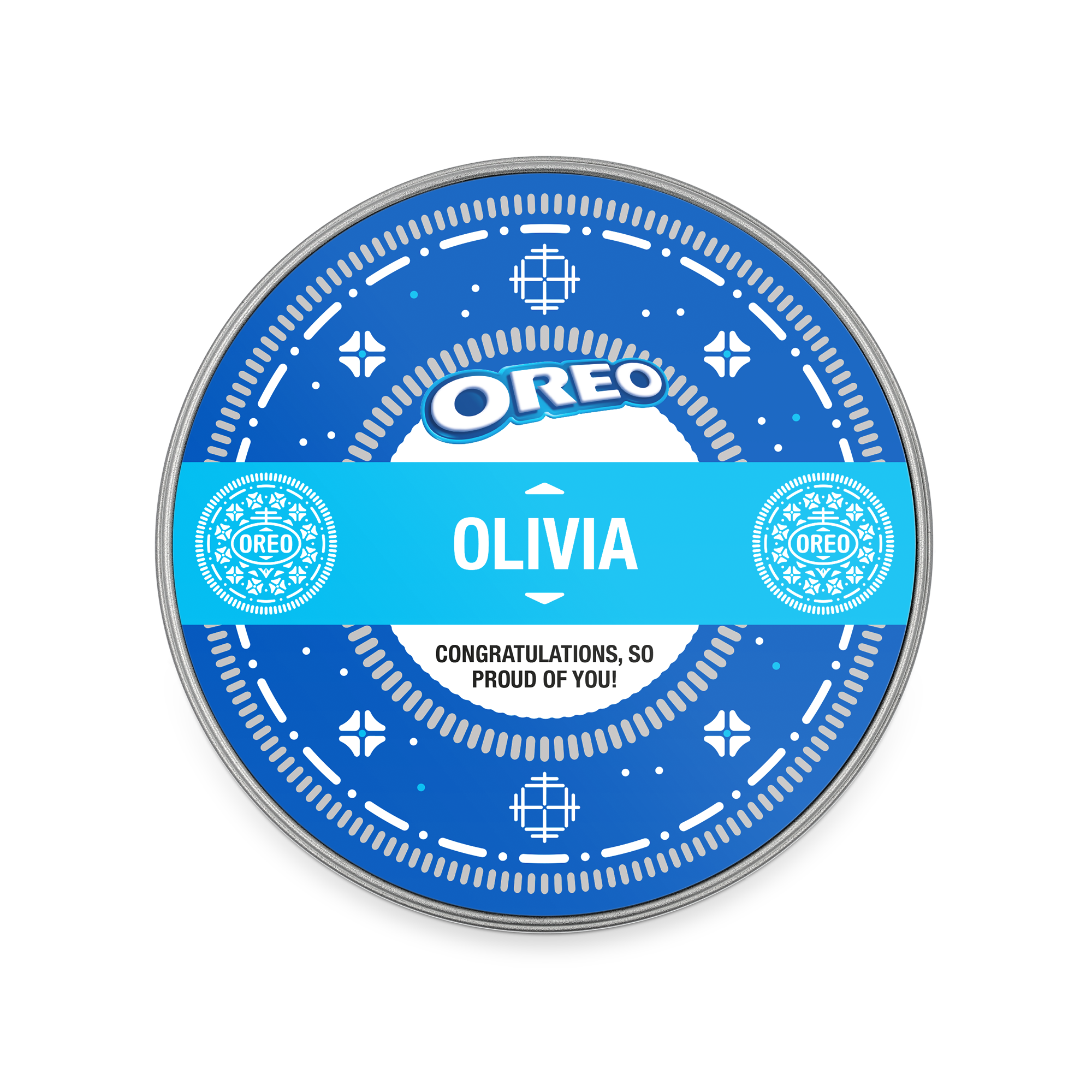 Okrągła puszka prezentowa Oreo z nadrukowanym imieniem Oliwia i wiadomością gratulacyjną