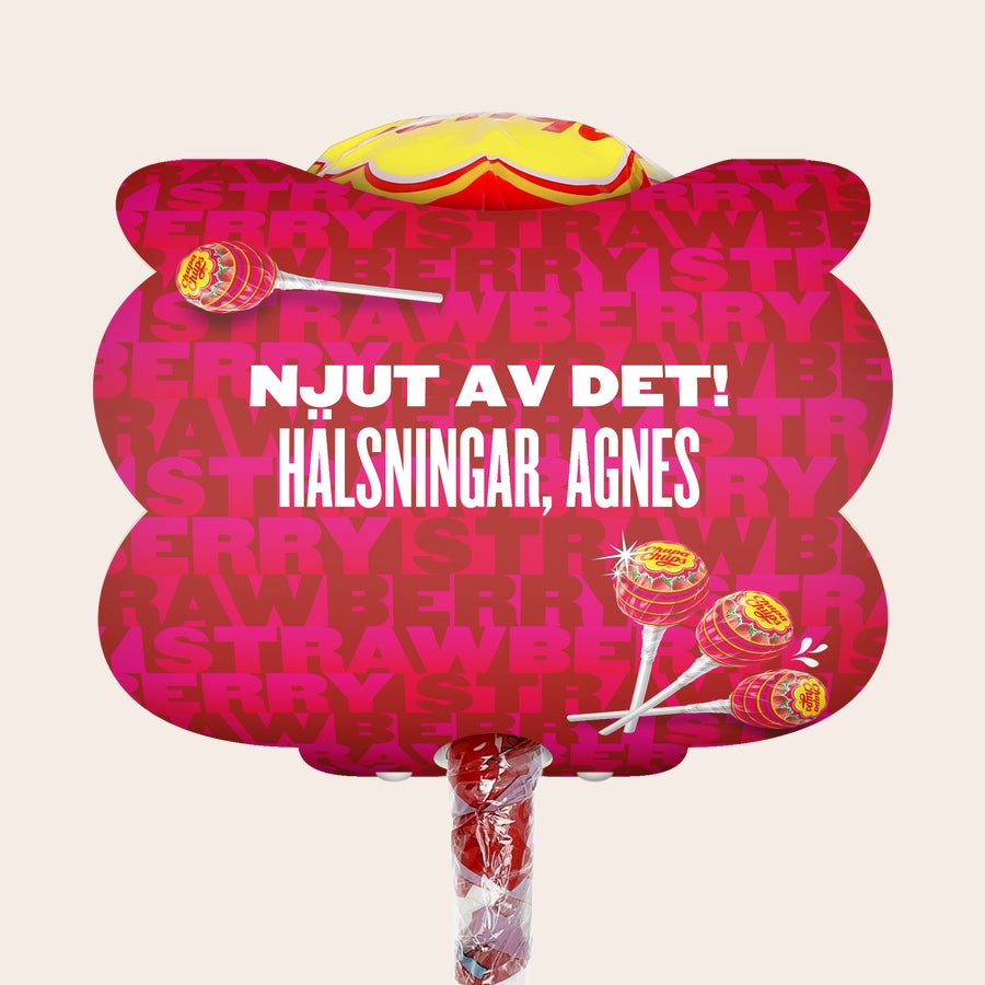 Mega Chupa Chups - personlig Personlig Mega Chupa Chups jordgubbsklubbor, 20-pack, med anpassat meddelande NJUT AV DET! HÄLSNINGAR, AGNES.