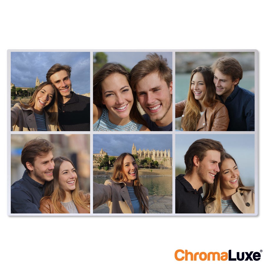 Colagem de fotos de Instagram em alumínio com seis fotos personalizadas de um casal feliz