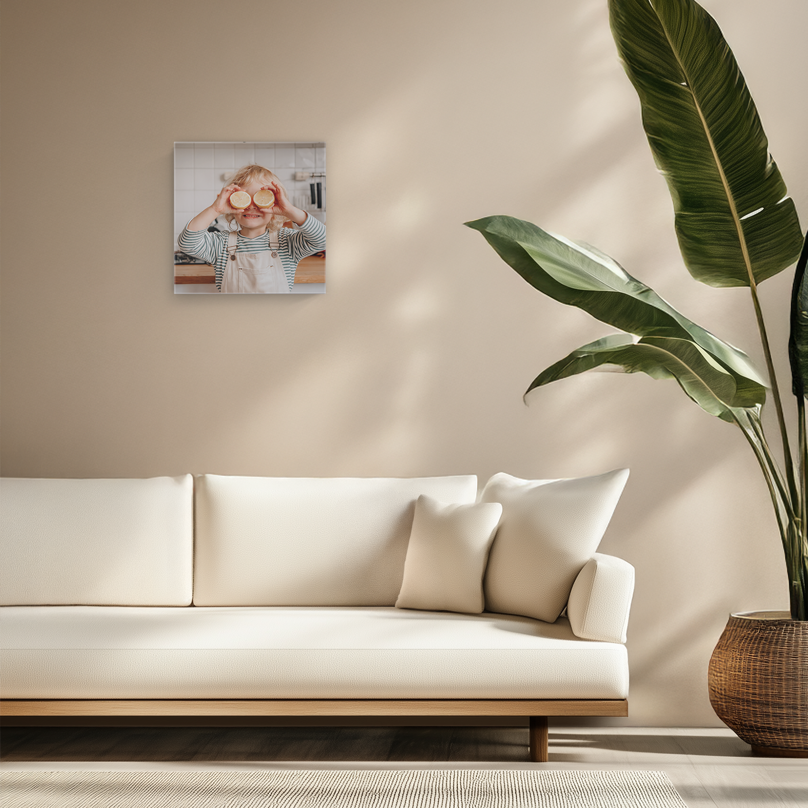 Pânză personalizată cu o fotografie tipărită a unui copil blond cu lămâi la ochi.