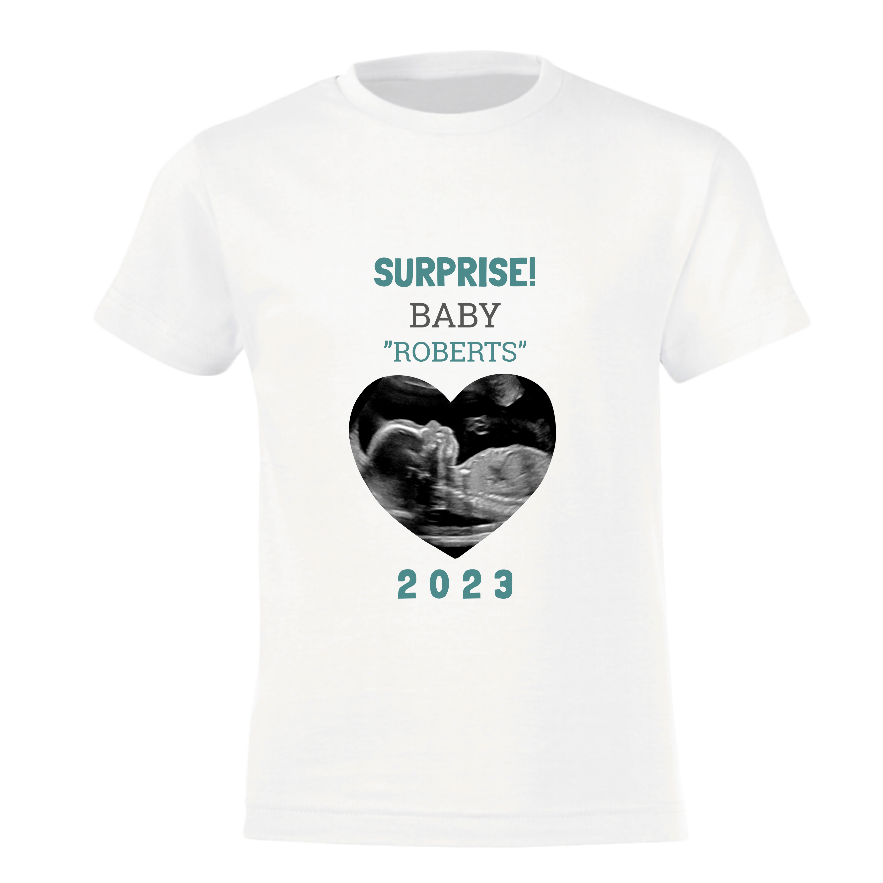 White personalized pregnancy announcement t-shirt with printed ultrasound photo inside a heart, custom family name Roberts, and the year 2023