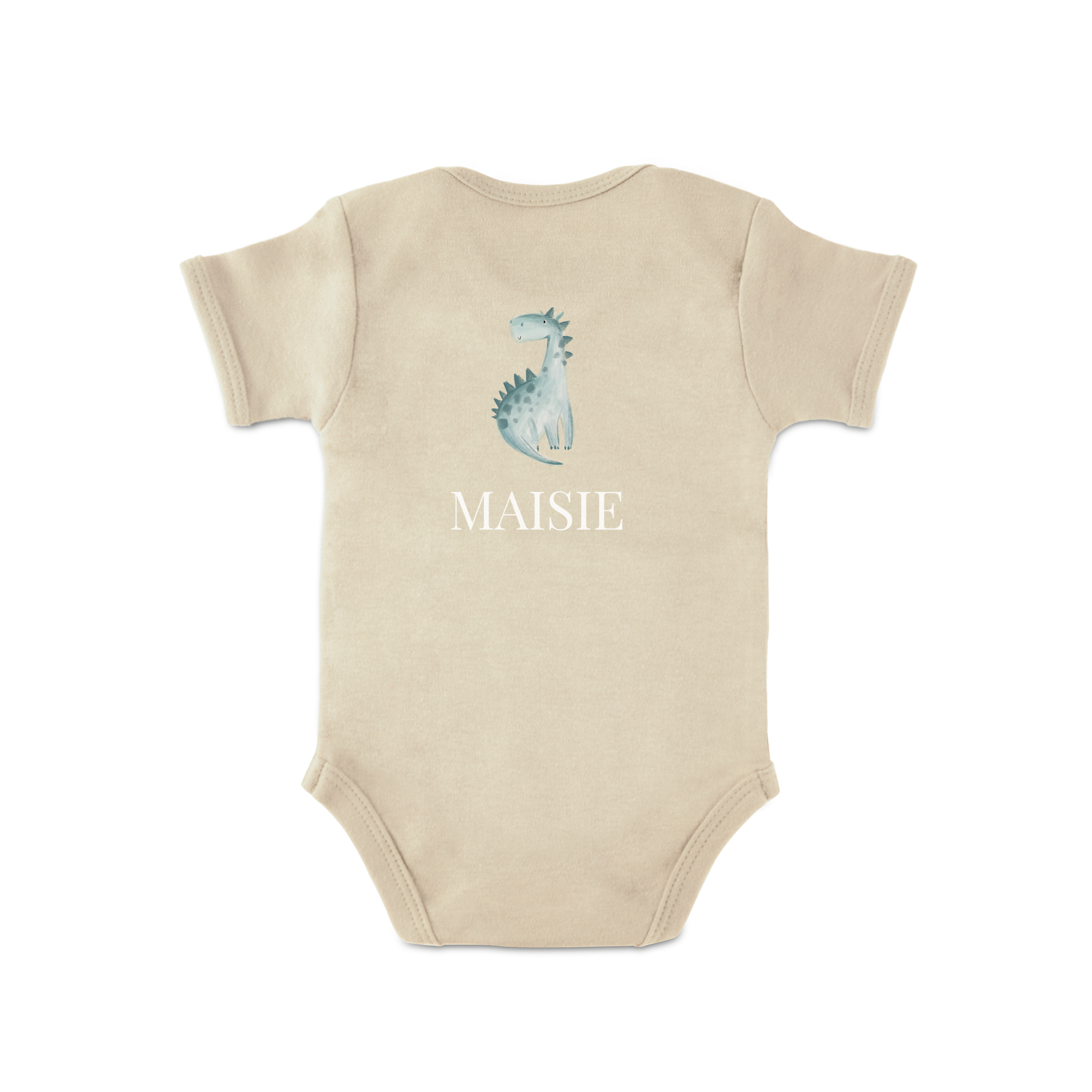 Personalizowane śpioszki w kolorze beżowym z nadrukiem dinozaura i imieniem Maisie