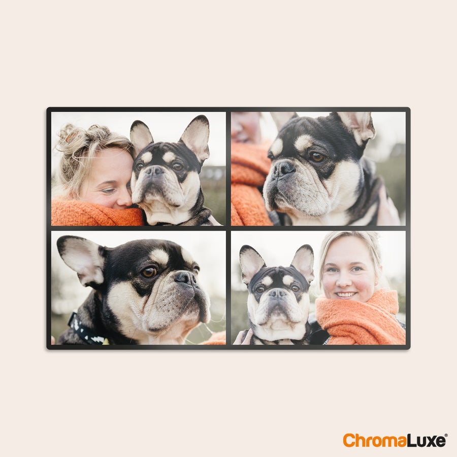 Instagram fotokollage Aluminium Instagram fotokollage tryckt med fyra personliga bilder av en kvinna och hund
