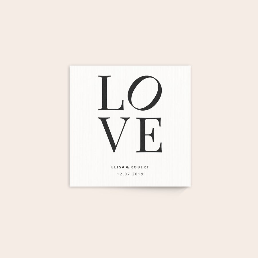 Foto op hout afdrukken Witte fotopaneel met de tekst LOVE, namen Elisa & Robert en datum 12.07.2019, gedrukt op hout.