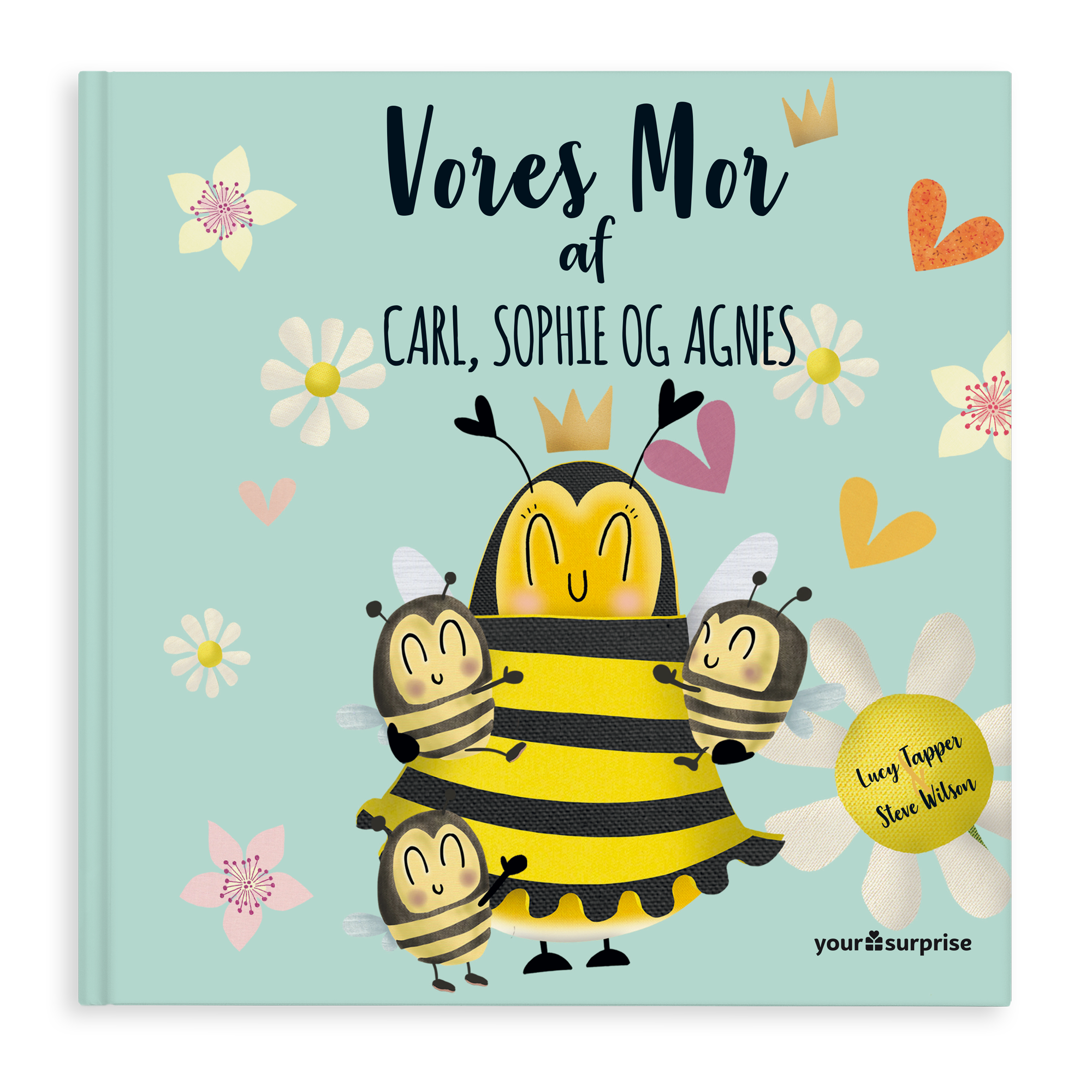 Den flotte bog Vores Mor med en bi-illustration og personaliserede navne til din mor