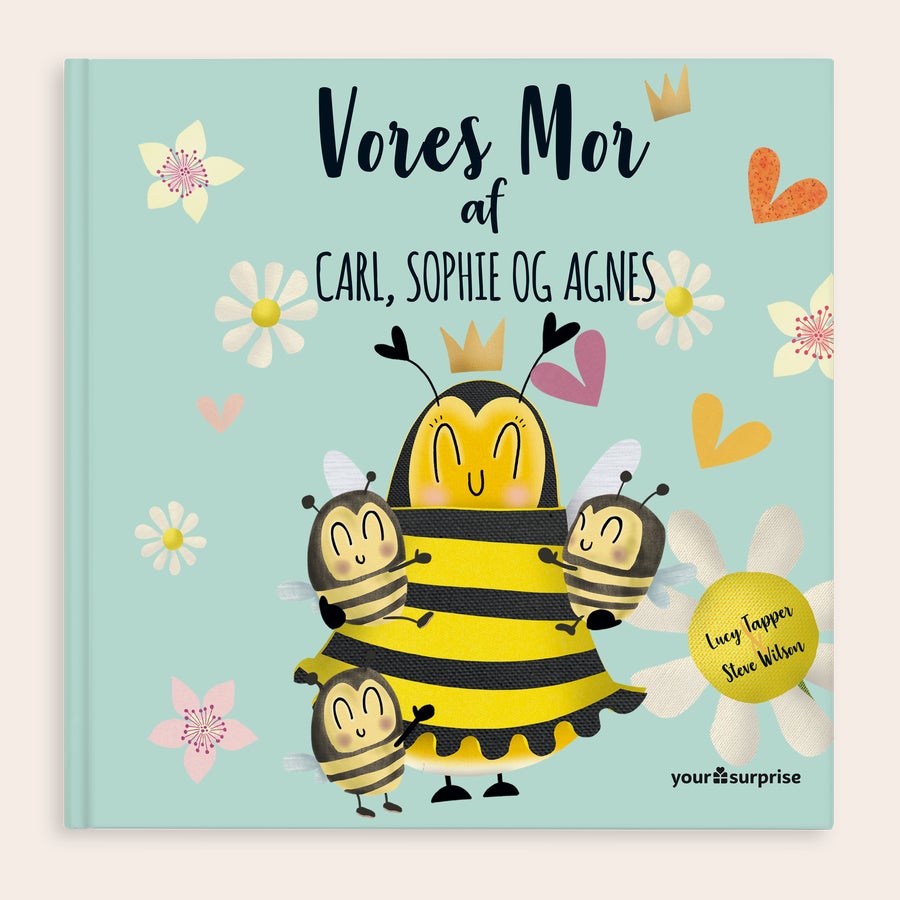 Personlig bog - Vores mor Den flotte bog Vores Mor med en bi-illustration og personaliserede navne til din mor