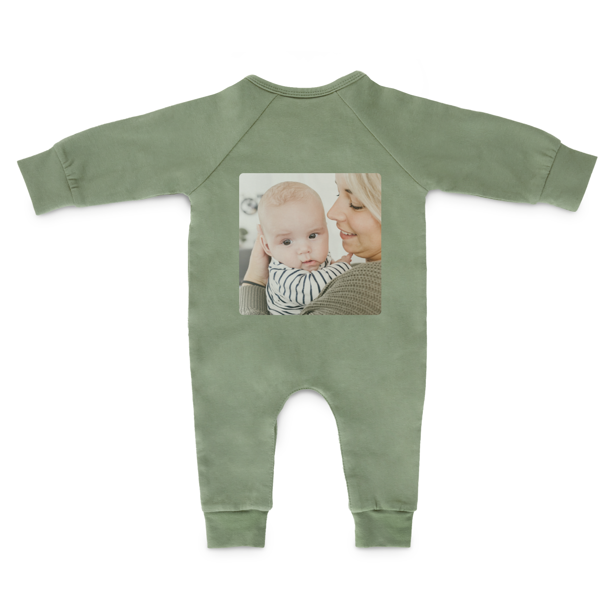 Tutina verde salvia personalizzata con foto di mamma e bebè stampata sul petto con maniche lunghe e polsini