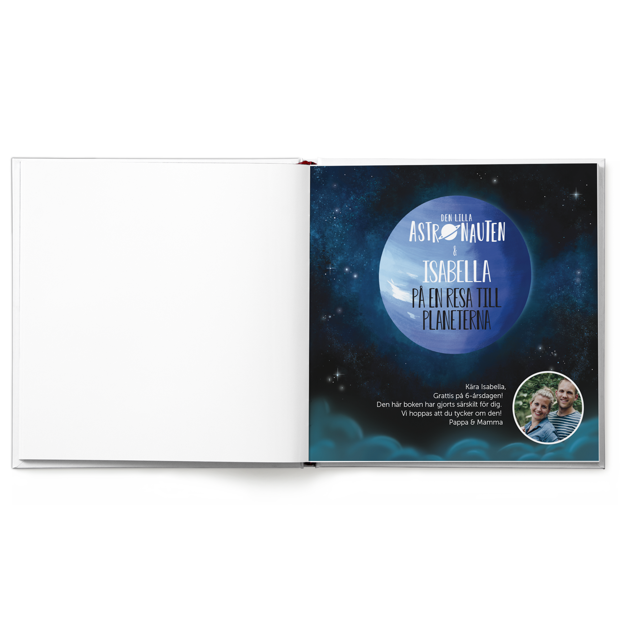 Bok med namn - Den lilla astronauten & Namn på en resa till planeterna – Hardcover, anpassad med "Isabella" och en personlig hälsning, samt ett tryckt foto.
