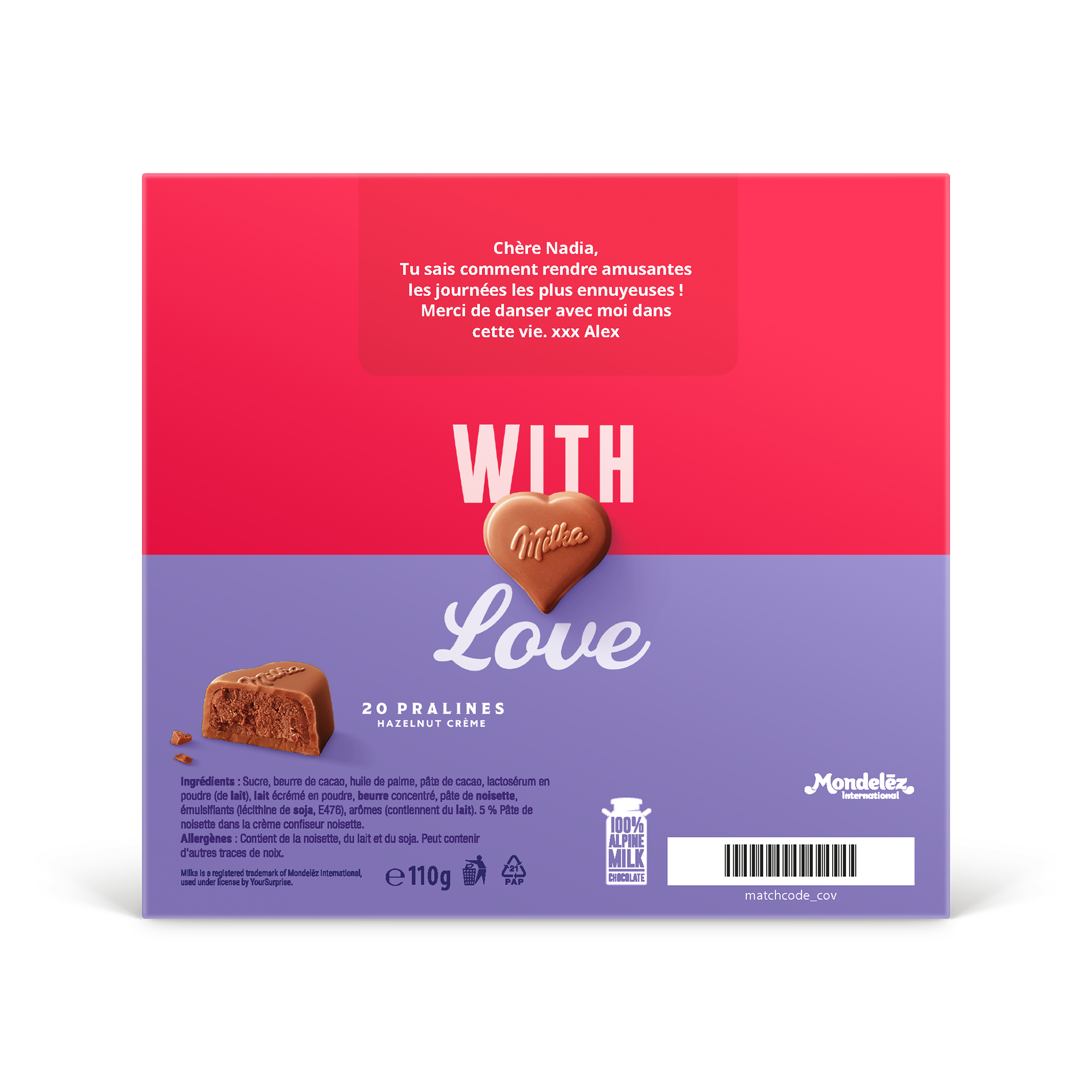 Cœurs Milka dans un coffret cadeau 3D personnalisé avec un message imprimé pour Nadia et Alex.
