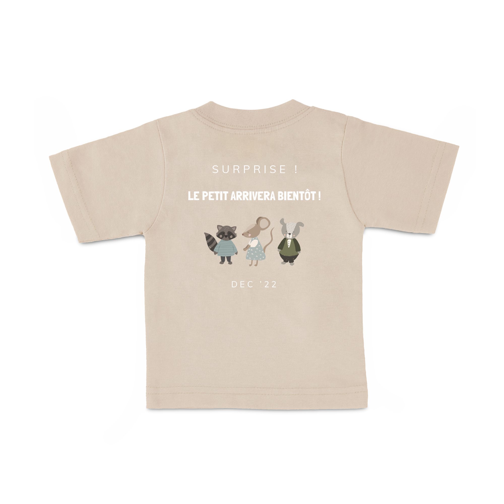 T-shirt bébé beige personnalisé Votre petit bout de chou avec inscription et motifs animaux joyeux imprimés