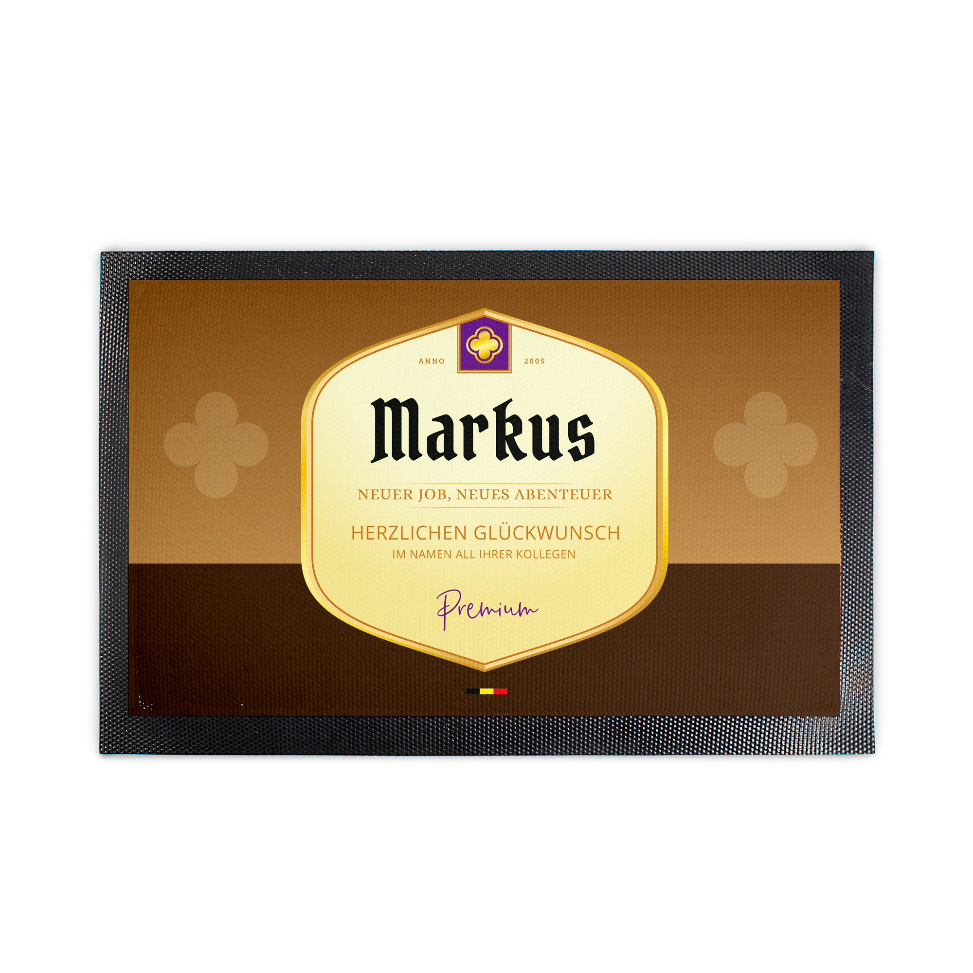 Anti-Rutsch Barmatte mit personalisiertem Namen Markus, Logo und Text Herzlichen Glückwunsch im Namen aller Kollegen.