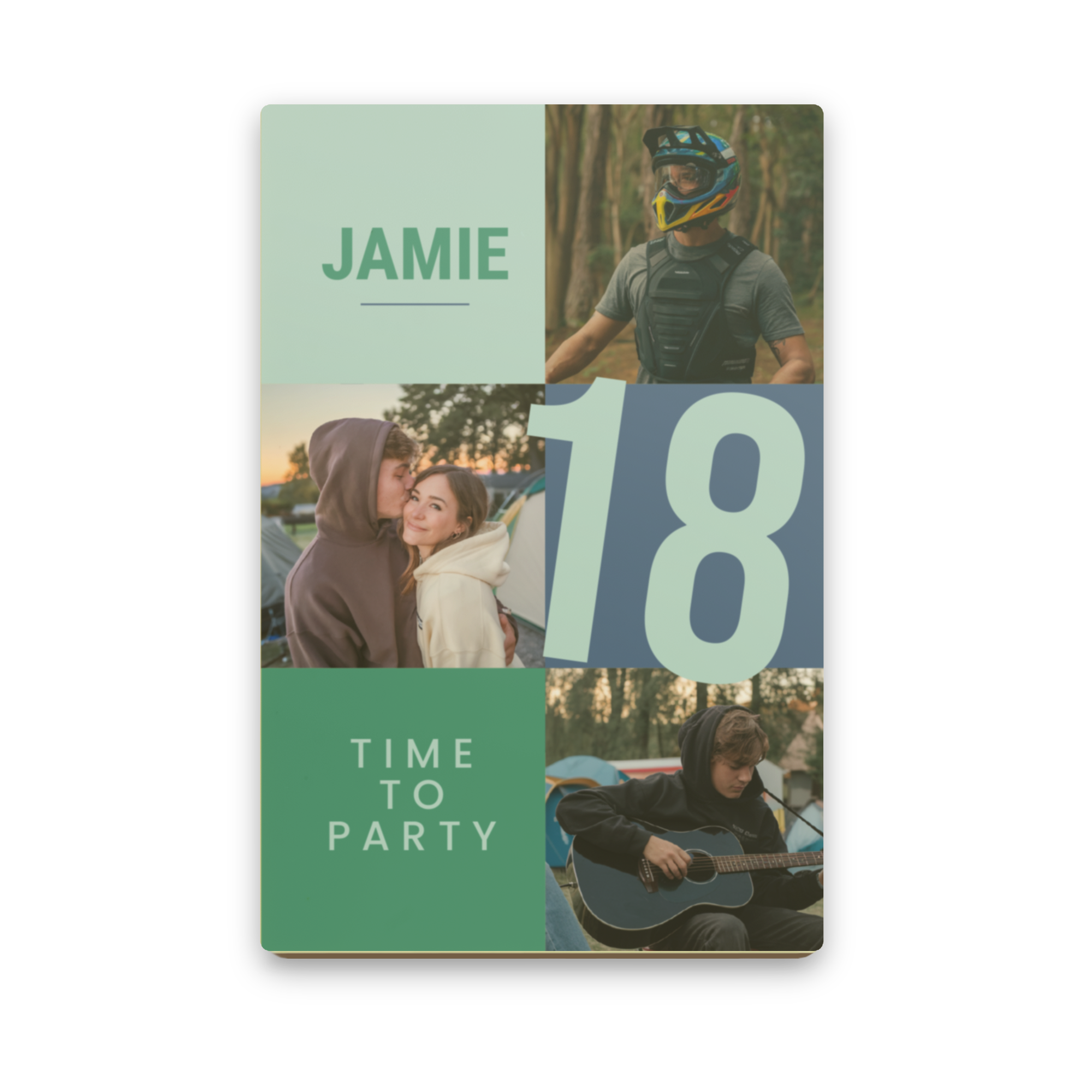 Čokoladno pismo z natisnjeno fotografijo in napisom Jamie 18 Time to Party, personalizirano s slikami.