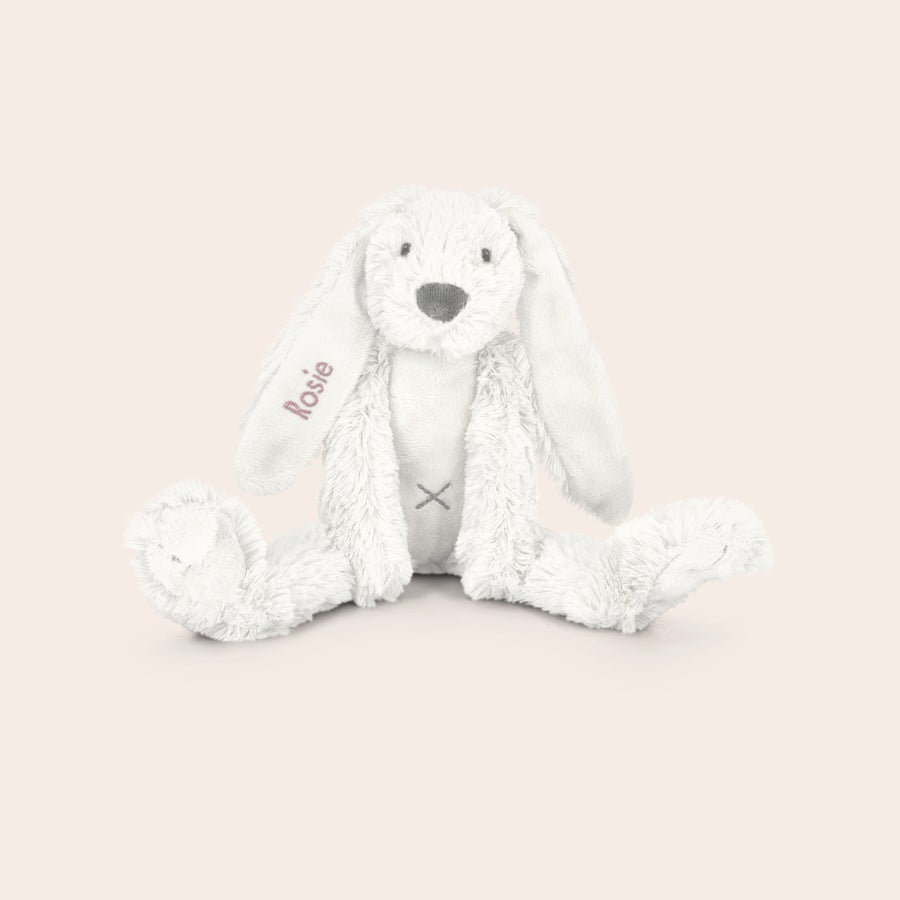 DouDou personalizado para bebê - Happy Horse Coelho de peluche branco personalizado Tiny Rabbit Richie com o nome Rosie bordado na orelha.
