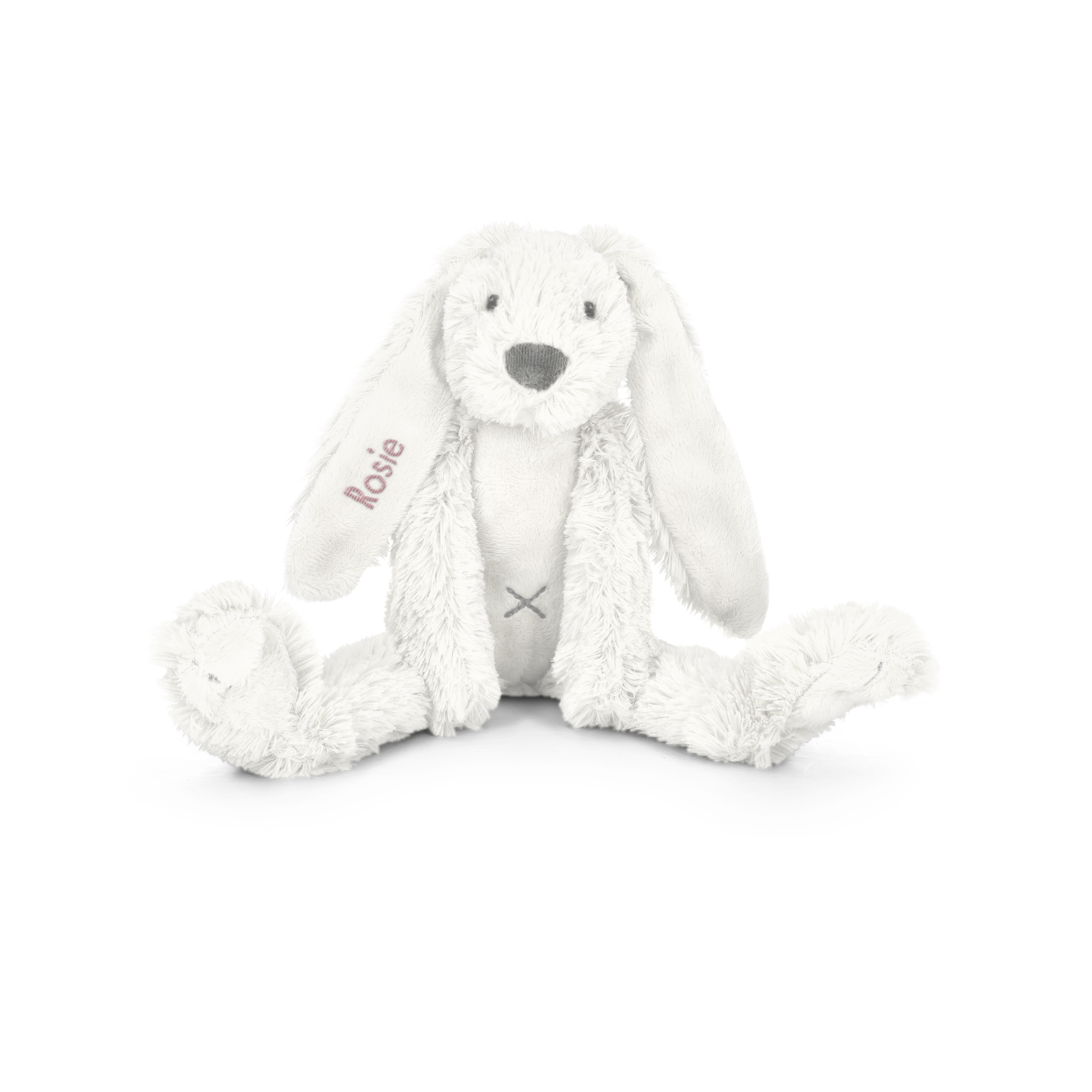 Peluche Tiny Rabbit Richie blanco, personalizado con el nombre Rosie bordado en la oreja, un sinfín de abrazos.