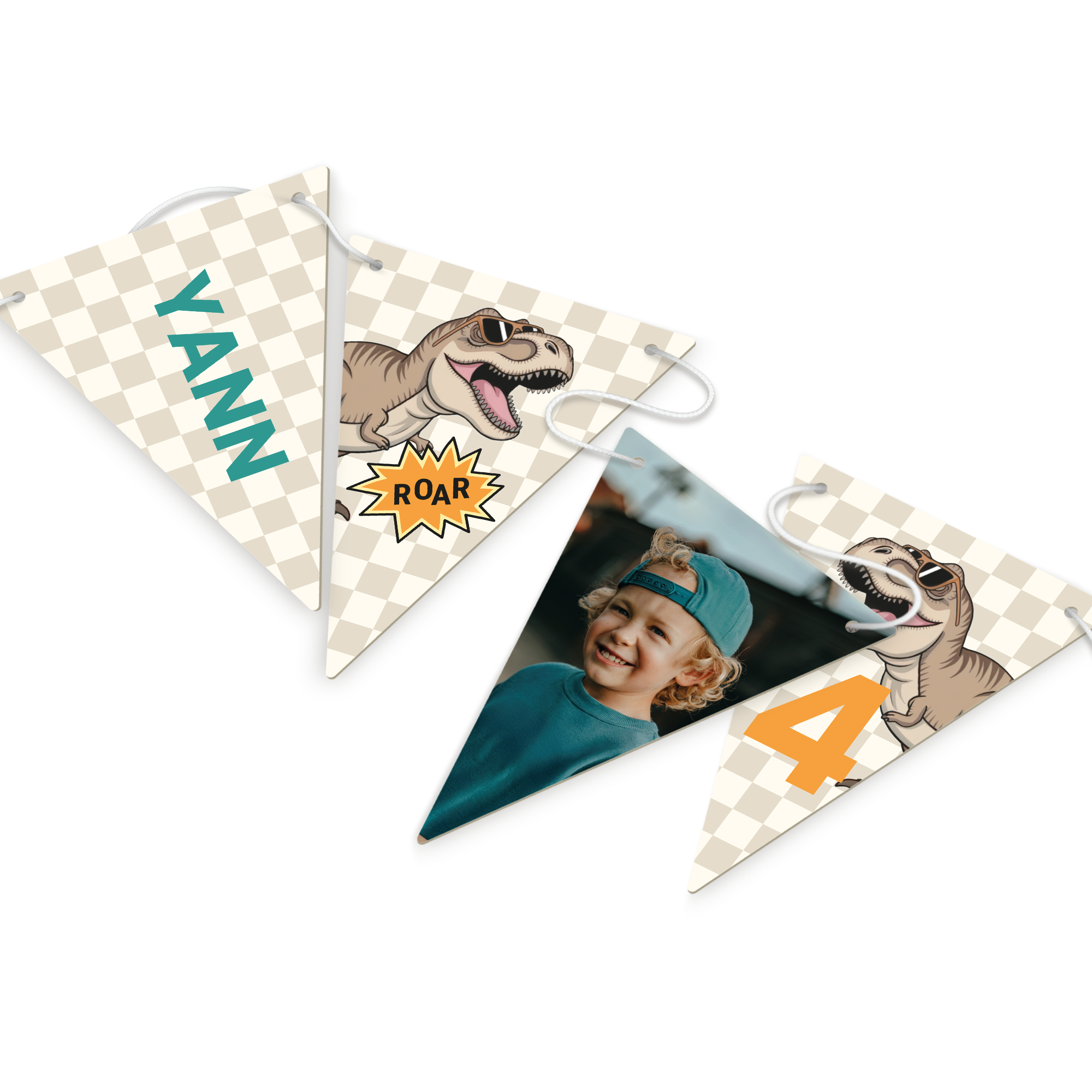 Guirlande de fanions personnalisés - Triangle - M - 10 m avec un prénom une photo et un dinosaure imprimés