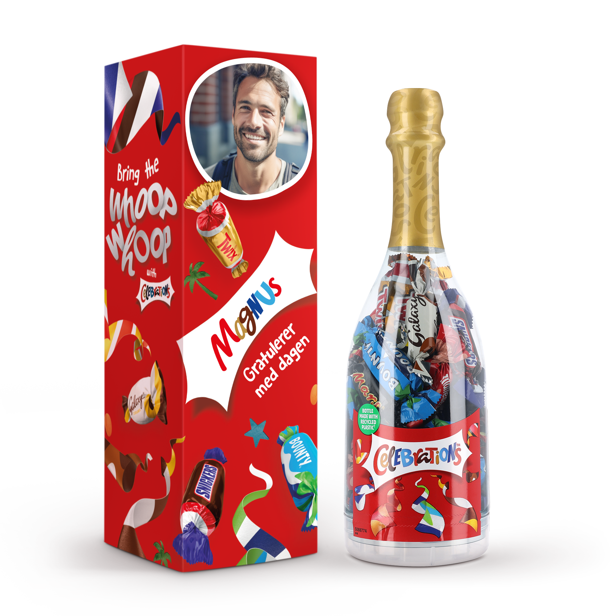 Personlig Celebrations Sjampanjeflaske fylt med sjokolade, med tilpasset etikett med et bilde, navn og teksten Gratulerer med dagen.