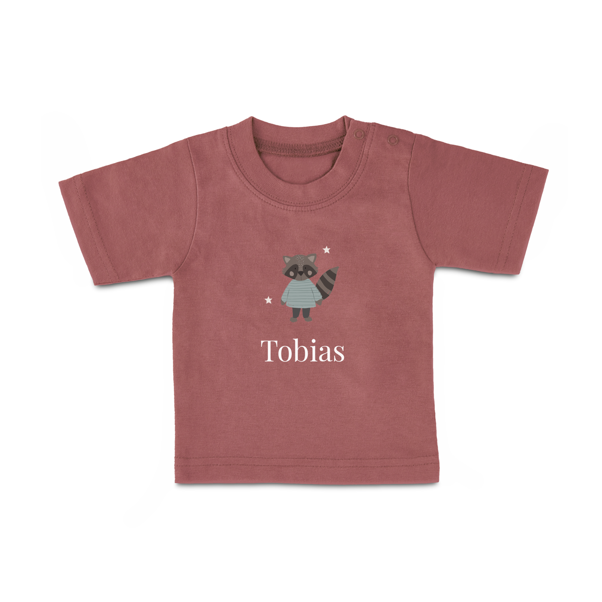 Baby T-Shirt aus roter Baumwolle, bedruckt mit einem niedlichen Waschbären und dem Namen Tobias