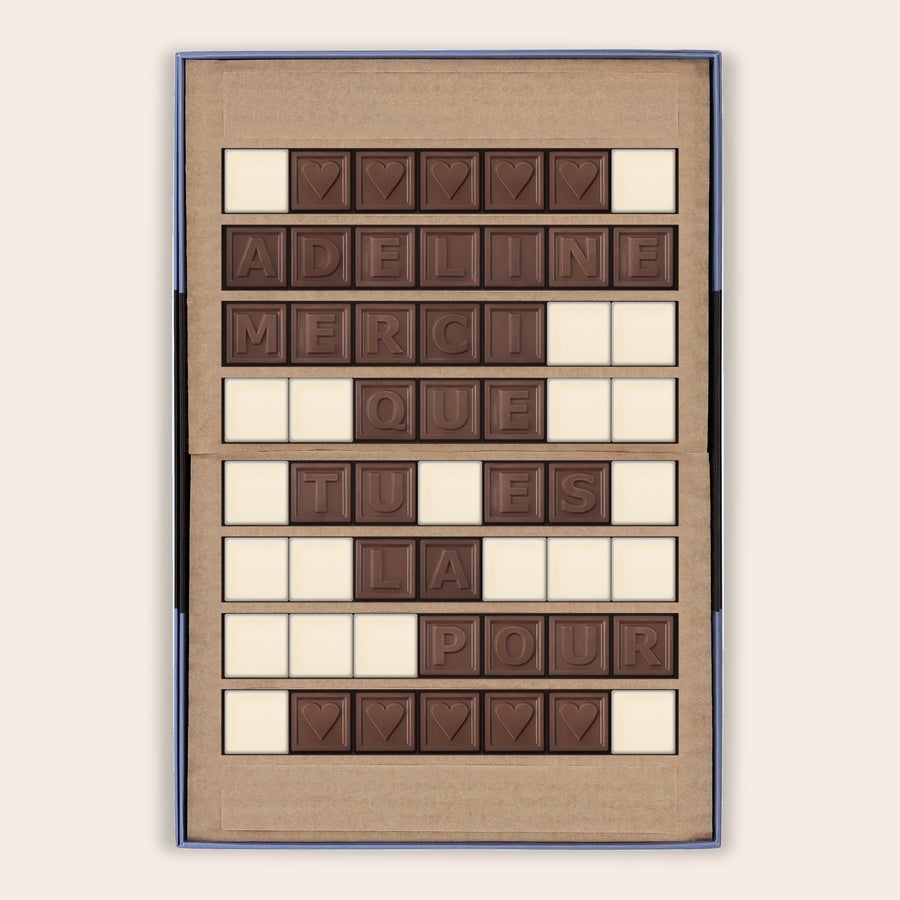 Messages en chocolat - Chocotelegram Chocotelegram® personnalisé "ADÉLINE MERCI QUE TU ES LA POUR" en chocolat