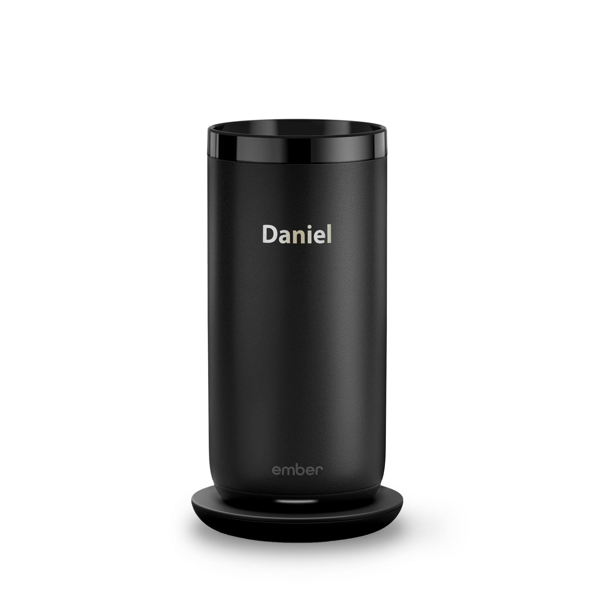 Personalisierter Ember Control Tumbler in Schwarz, lasergraviert mit dem Namen Daniel. Genieße jeden Schluck mit diesem Becher.