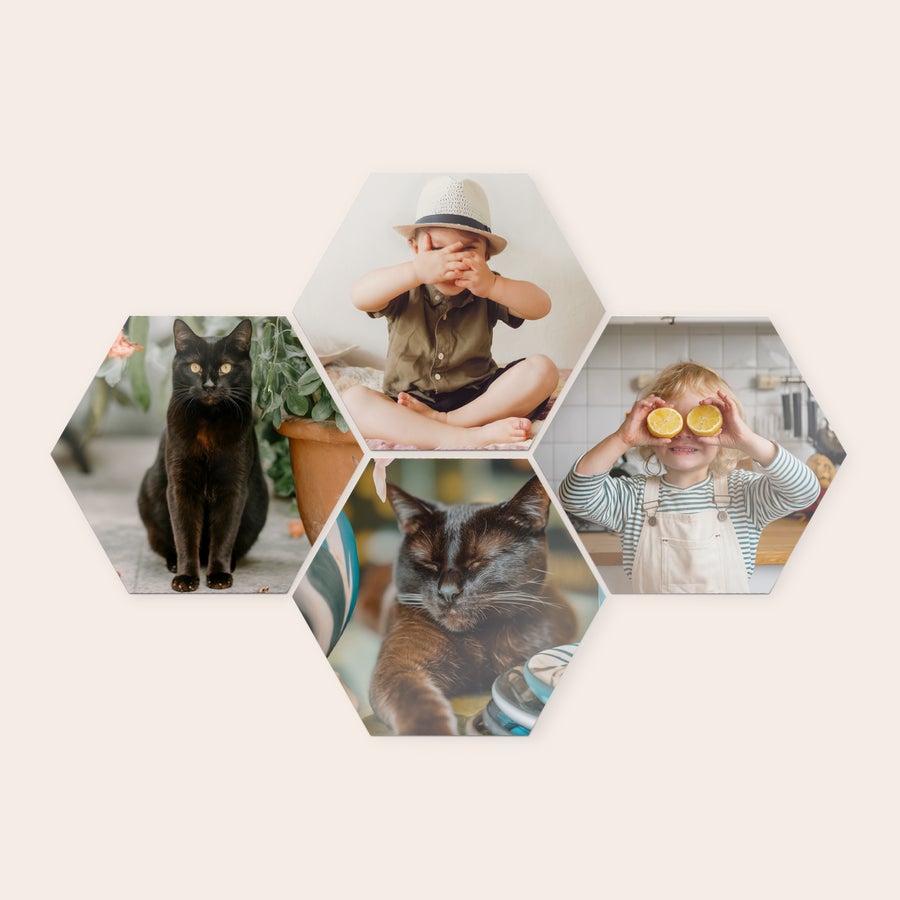 Azulejos personalizados Paneles de arte hexagonales personalizados con fotos impresas de gatos y niños. Decora tu pared con paneles de arte de madera que presentan tu diseño.