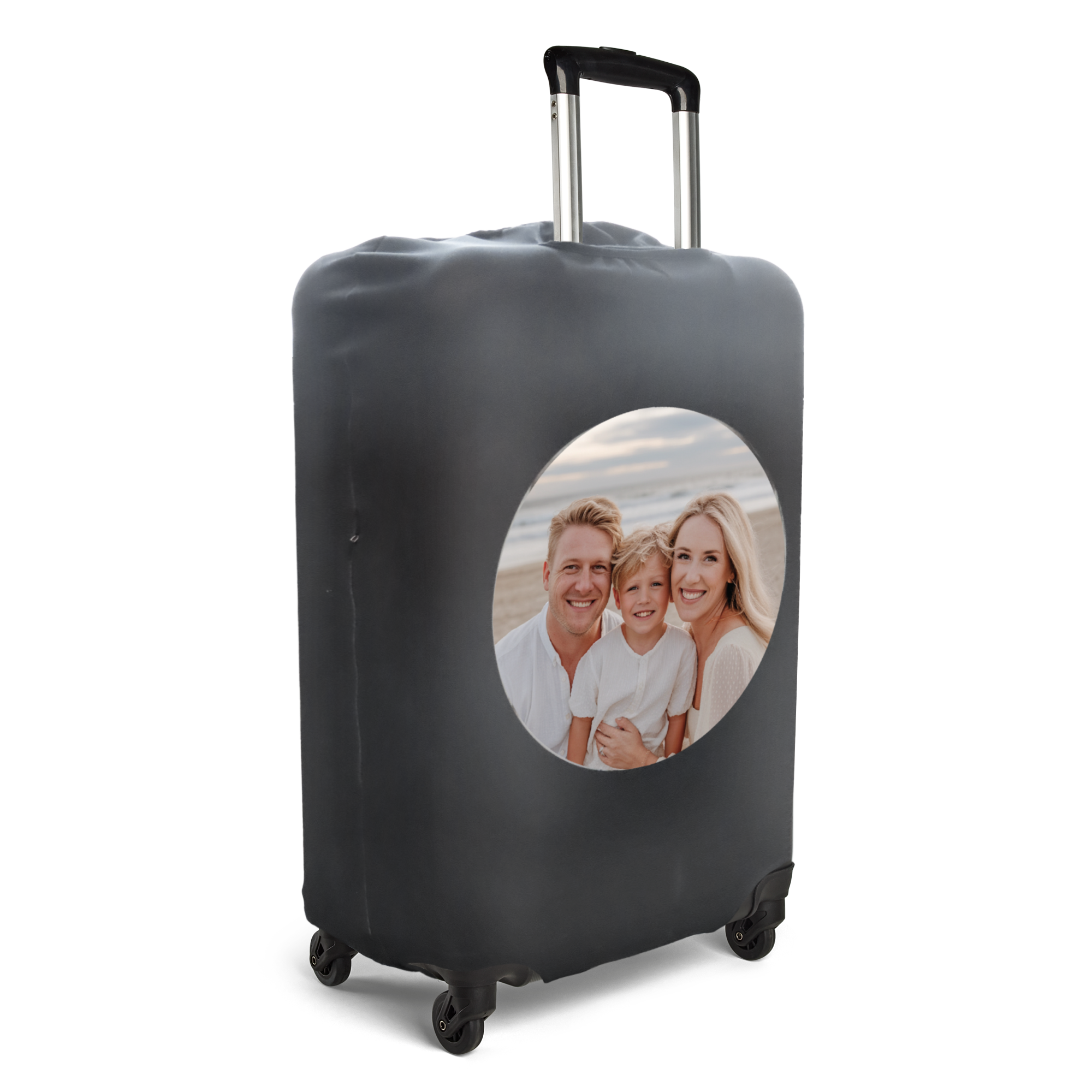Black elastic custom photo suitcase cover printed with a family portrait to make luggage stand out