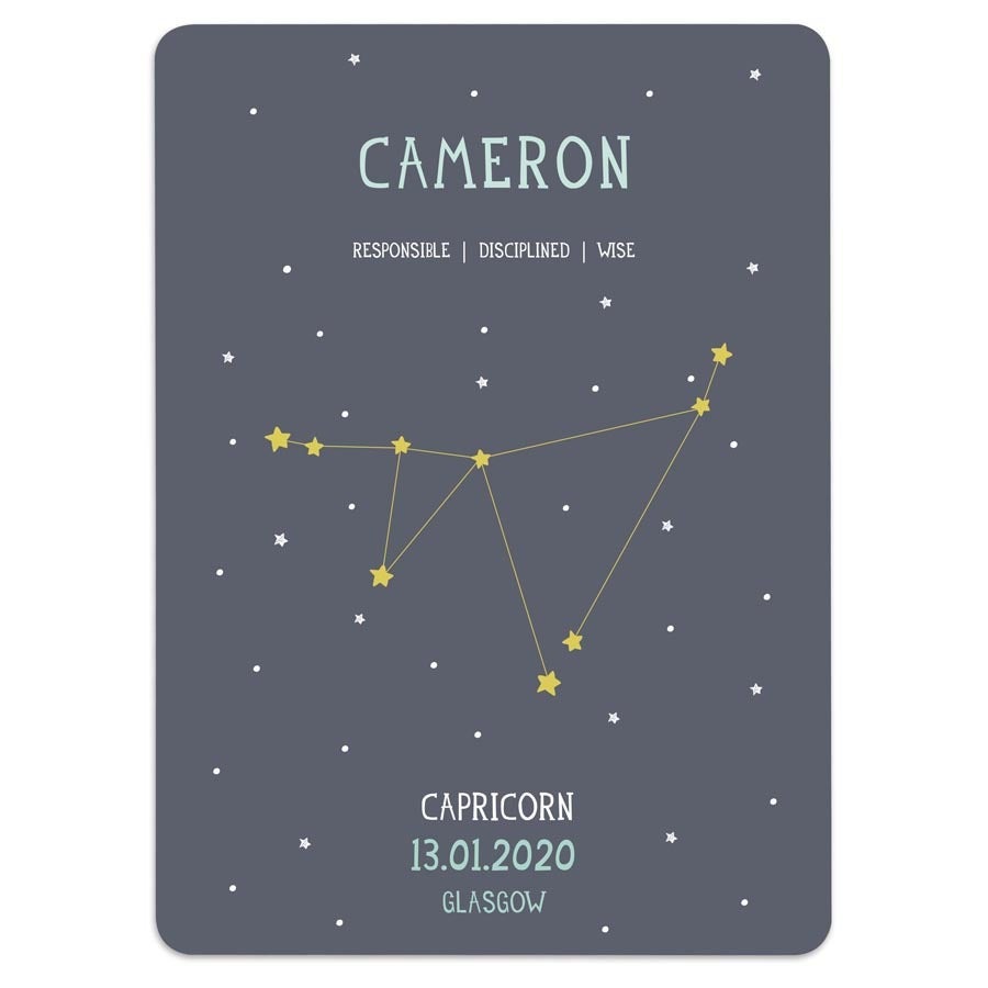 Folha Milestone® personalizada para decore o quarto do bebê, com nome Cameron, signo de Capricórnio e data de nascimento 13.01.2020