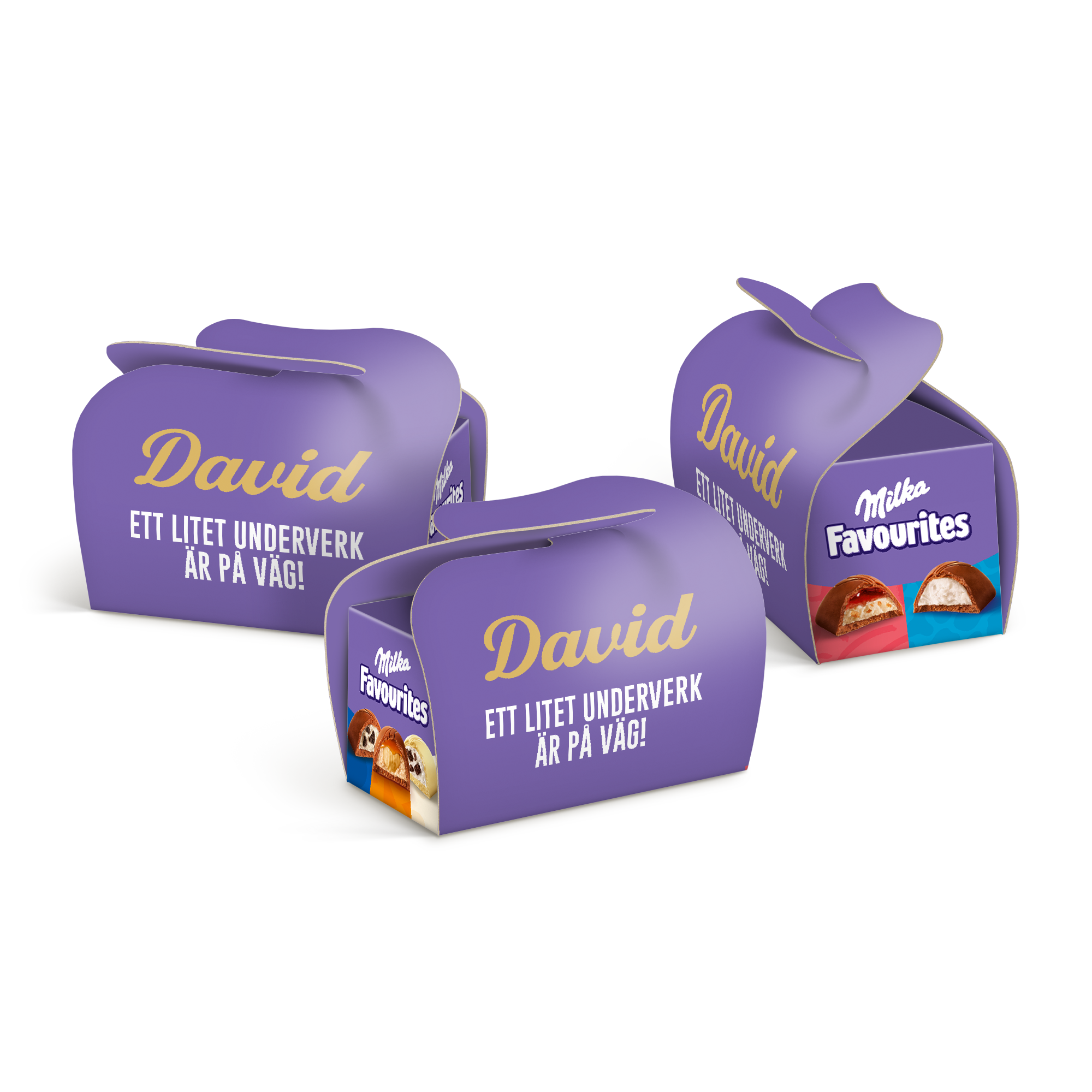 Personliga Milka chokladaskar i lila med namnet David och texten Ett litet underverk är på väg, tryckt i guld. Dela små ögonblick av lila magi med din personliga touch.