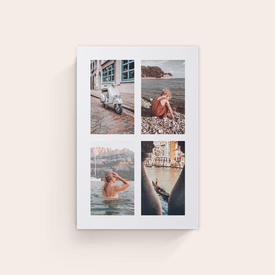 Foto impressa em tela Tela com quatro fotos personalizadas, incluindo uma scooter, uma criança na praia, uma mulher na água e Veneza. Nós imprimimos suas fotos mais bonitas em uma tela real.