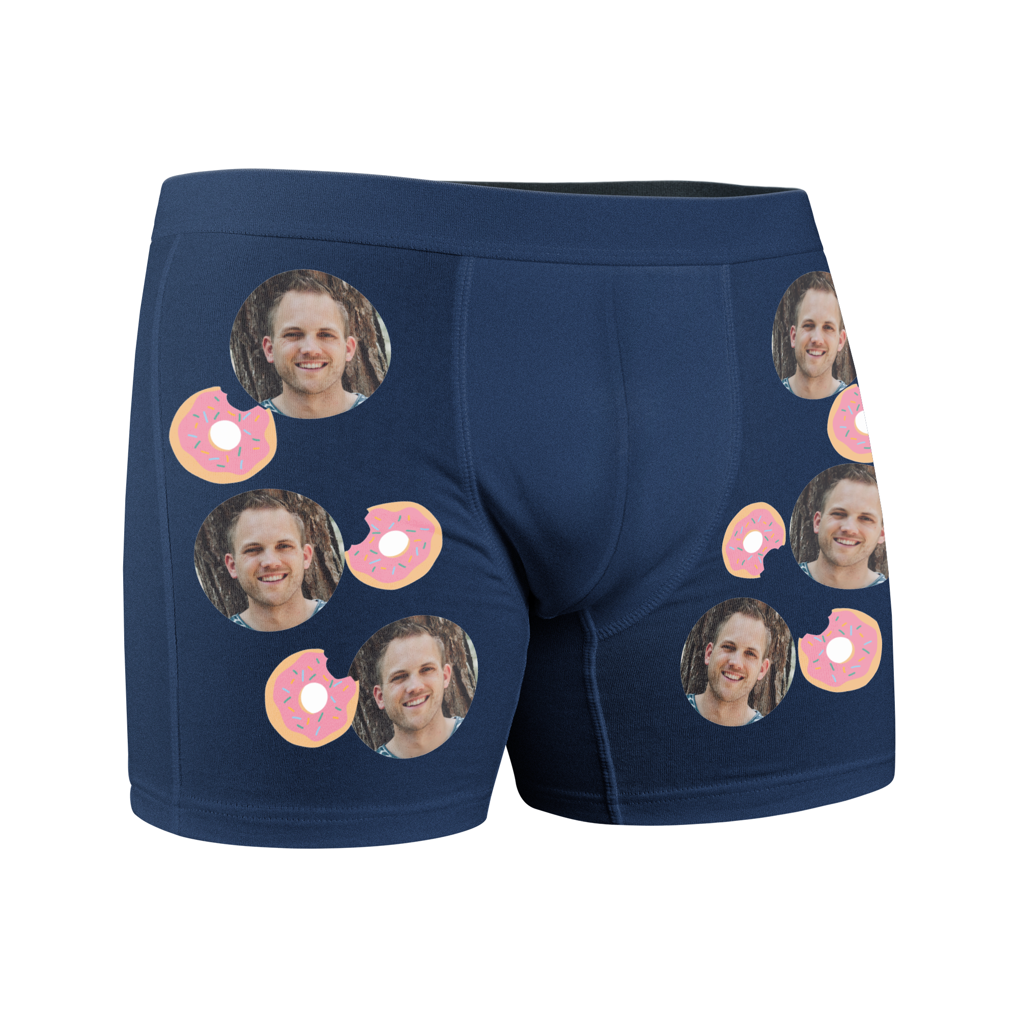 Pantaloni scurți boxer bleumarin, personalizați prin imprimare flock cu fotografia unui bărbat zâmbitor și gogoși roz